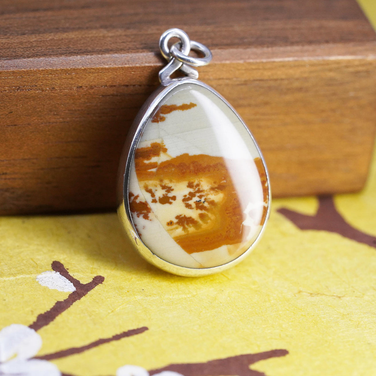 Vintage southwestern Sterling 925 silver teardrop pendant with landscape jasper