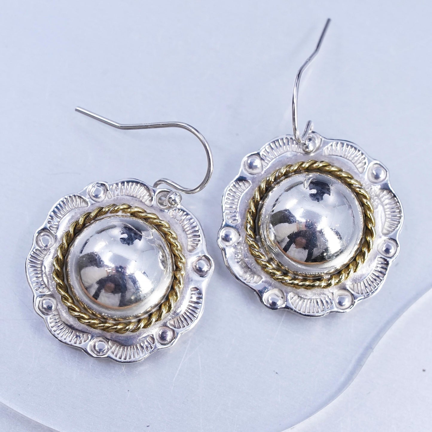 Vintage Mexican two tone Sterling 925 silver dome flower earrings brass cable