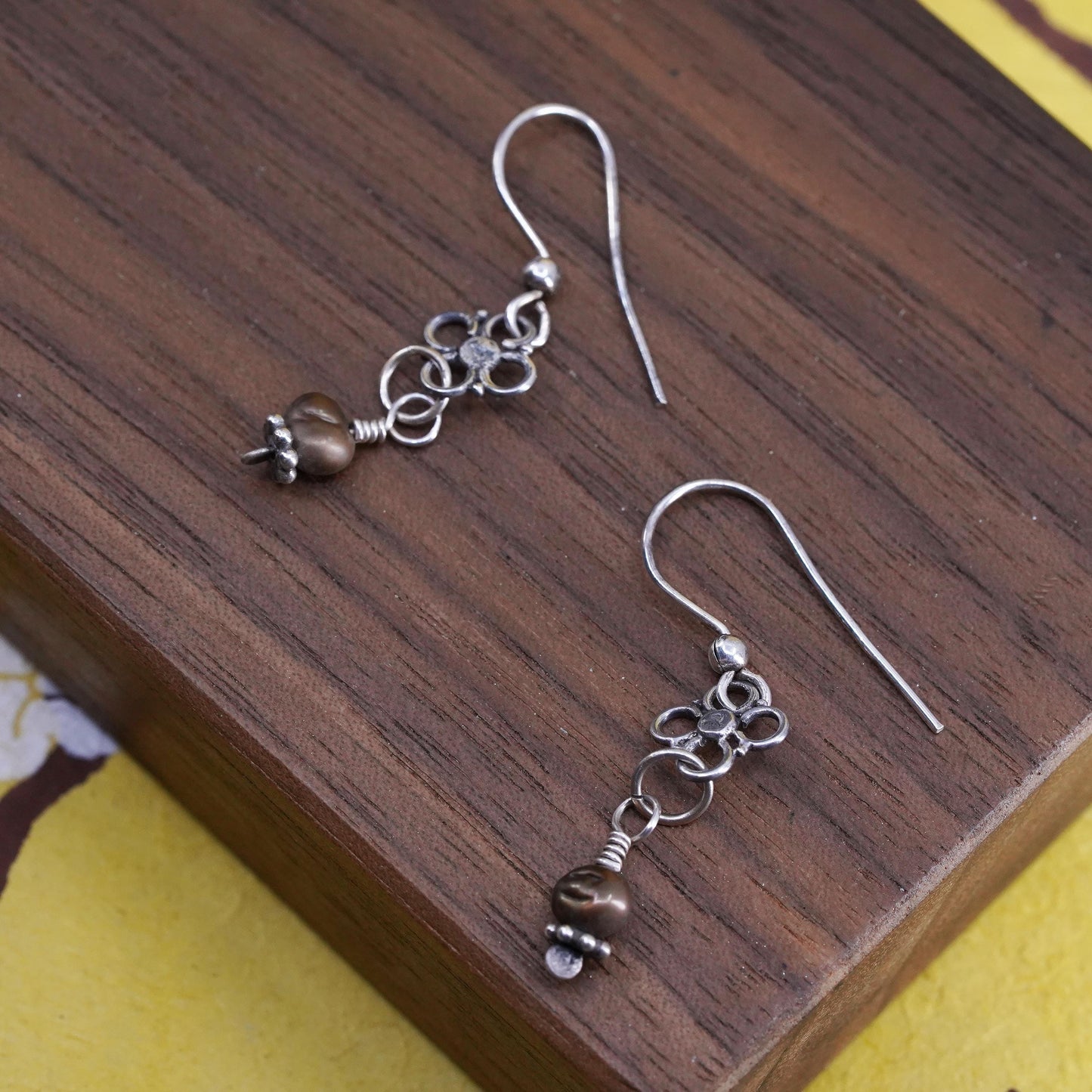 Vintage Sterling 925 silver handmade earrings with pearl and flower dangles
