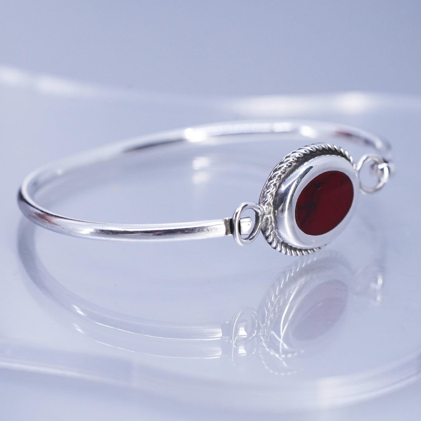 7.25”, Mexican Sterling 925 silver bracelet, hinged bangle with red jasper