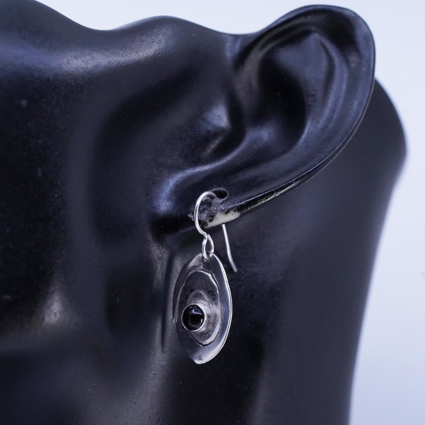 Vintage Sterling 925 silver handmade spiral cut earrings with black onyx