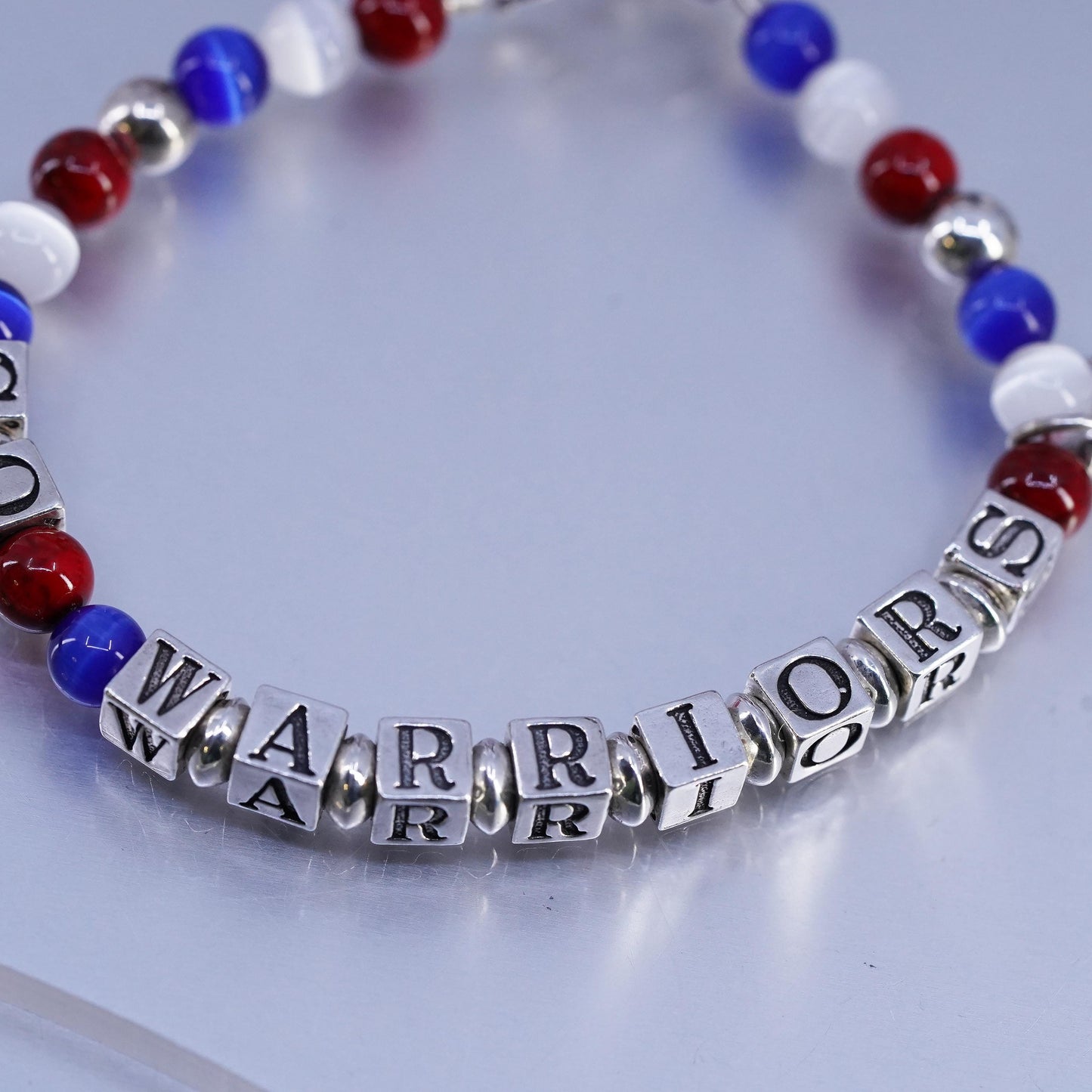 7", Sterling 925 silver bracelet cube letter "Go Warrior", cat eye beads charm