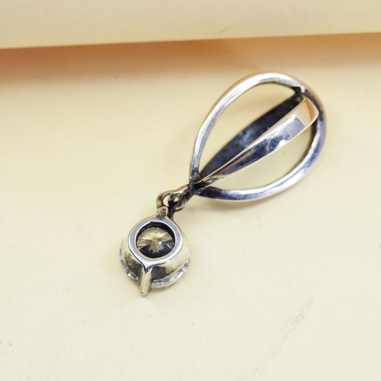 Vintage modern sterling 925 silver cage pendant with cz charm