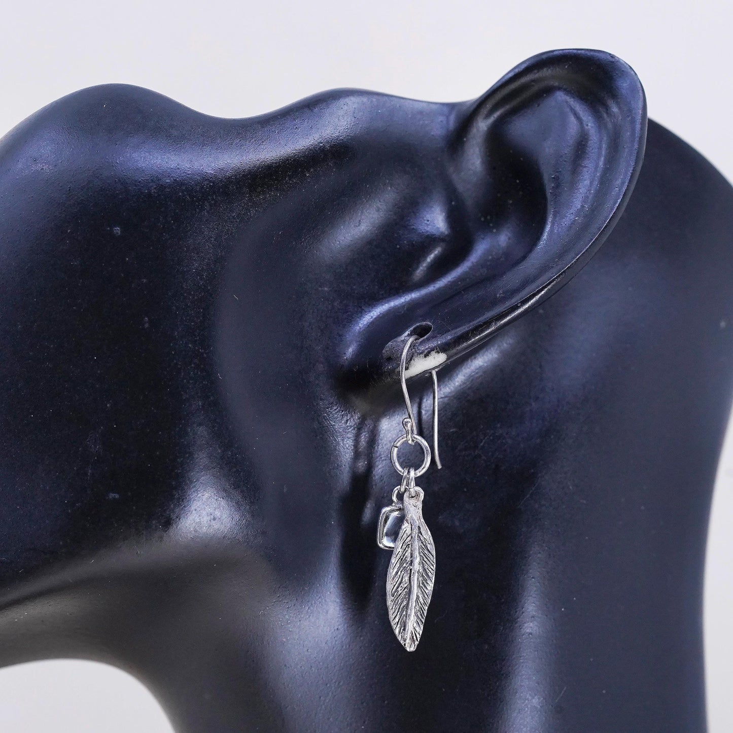 Vintage southwestern Sterling silver earrings, 925 feather with crystal charms