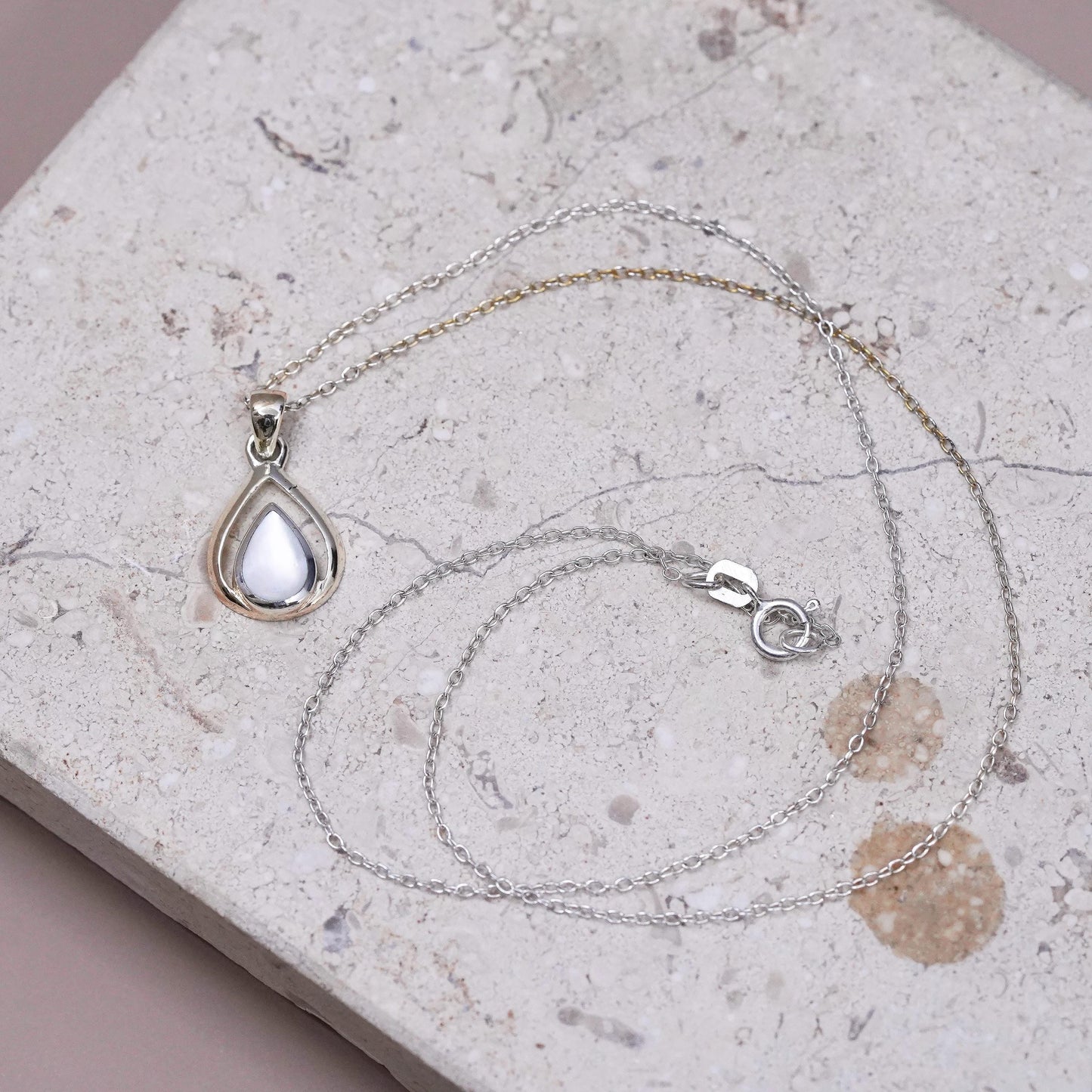 16”, sterling 925 silver Handmade necklace with white mother of pearl pendant