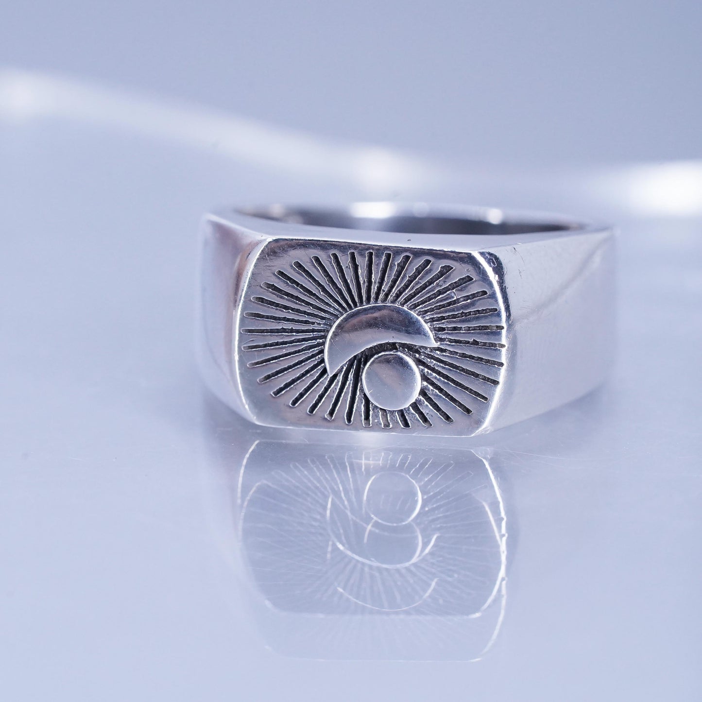 Size 13.5, vintage statement Sterling 925 silver handmade ring, band moon sun