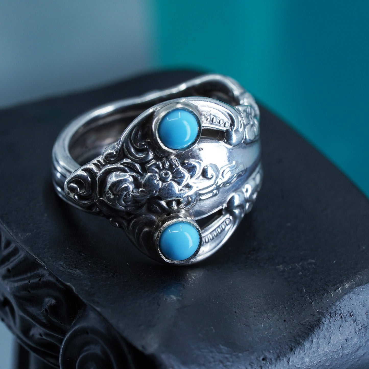 Size 7.75, Native American navajo Sterling 925 silver spoon ring turquoise