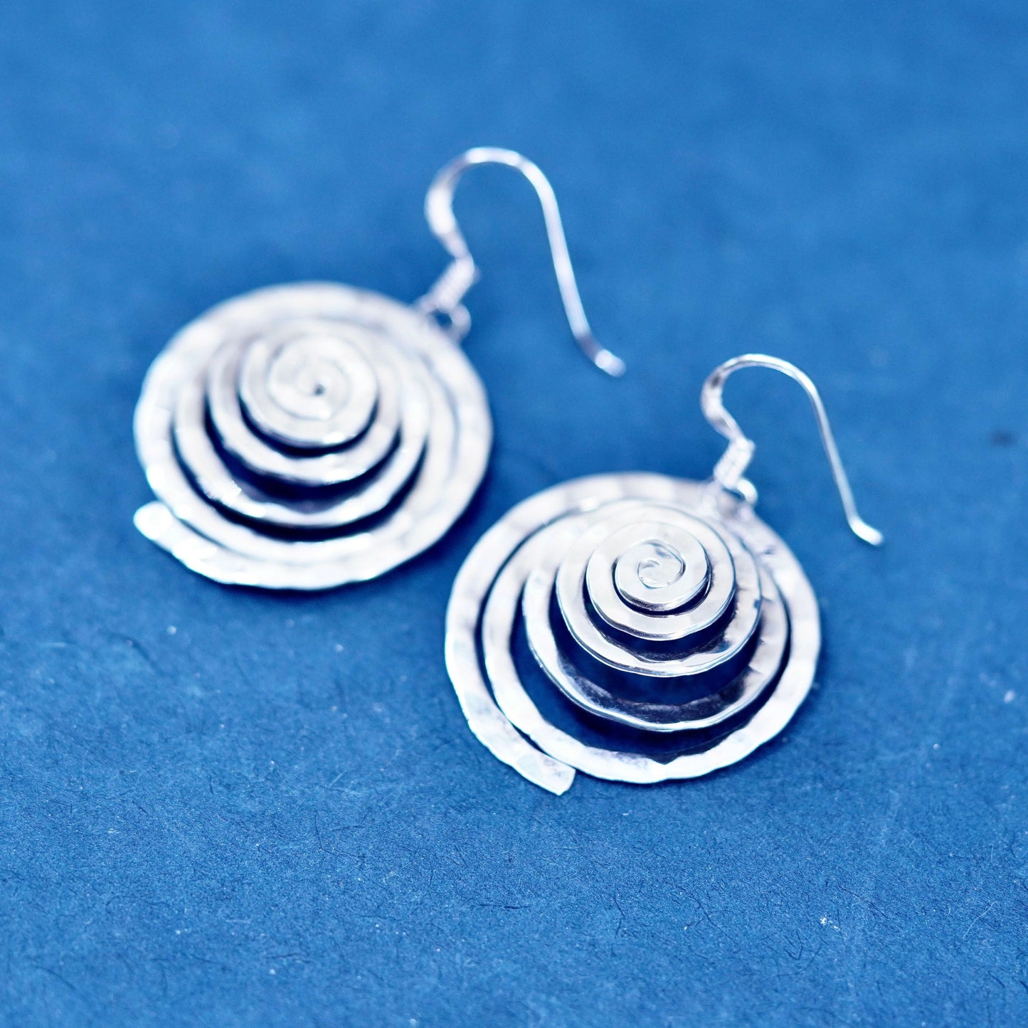 Vintage Sterling Silver handmade Earrings. Hammered 925 swirl dangles