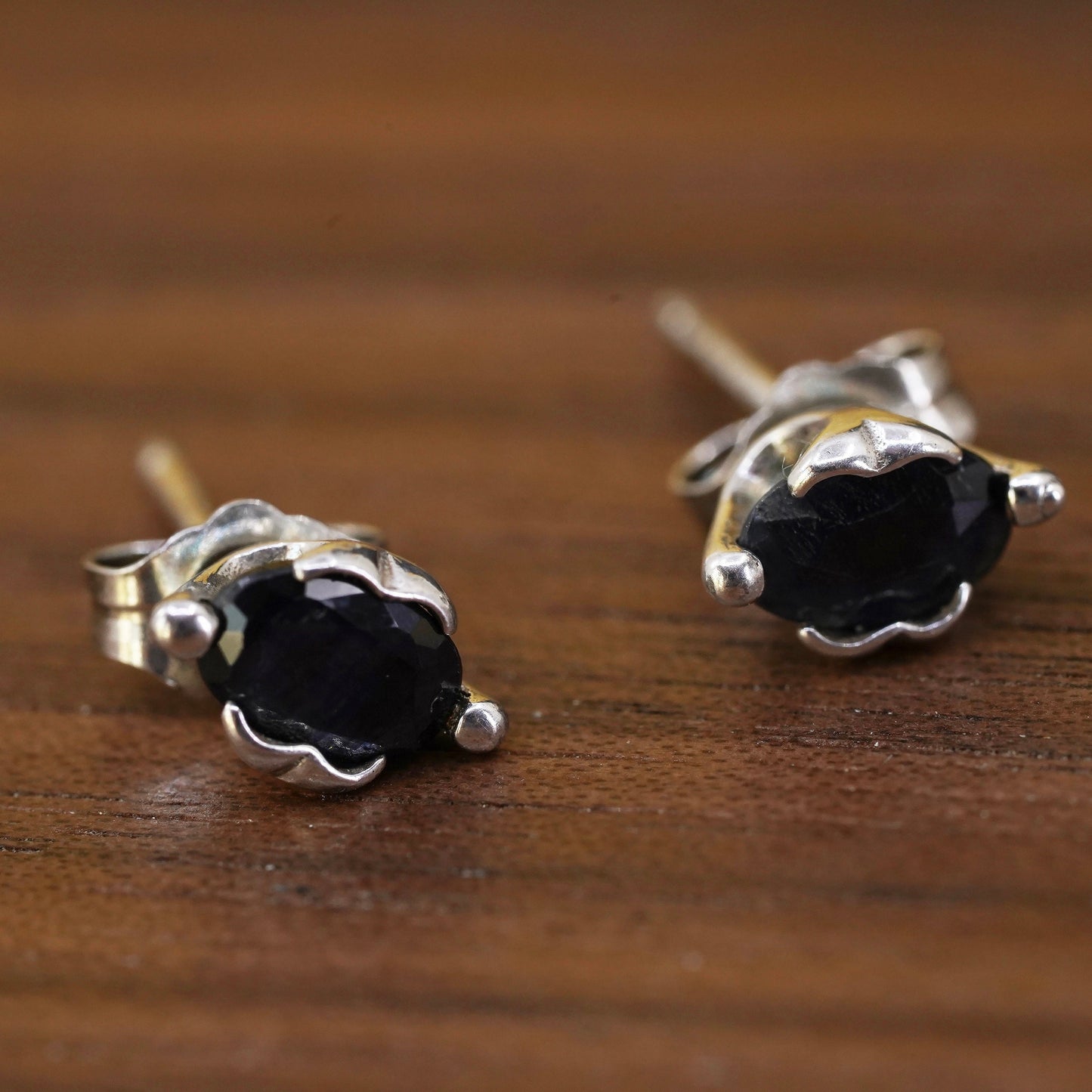 Vintage Sterling silver handmade earrings, 925 studs with sapphire