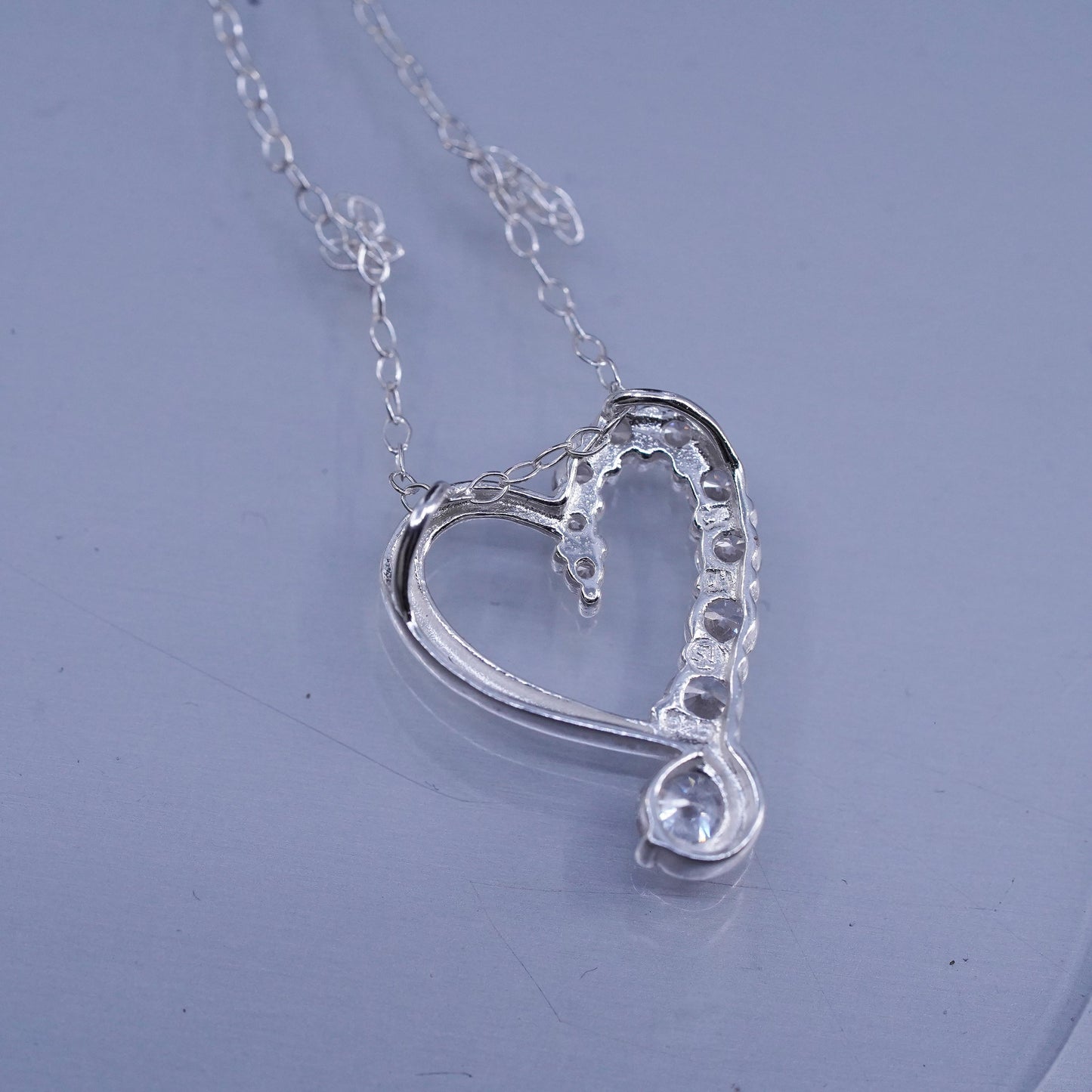 18”, vintage Sterling 925 silver handmade circle necklace with cz heart pendant