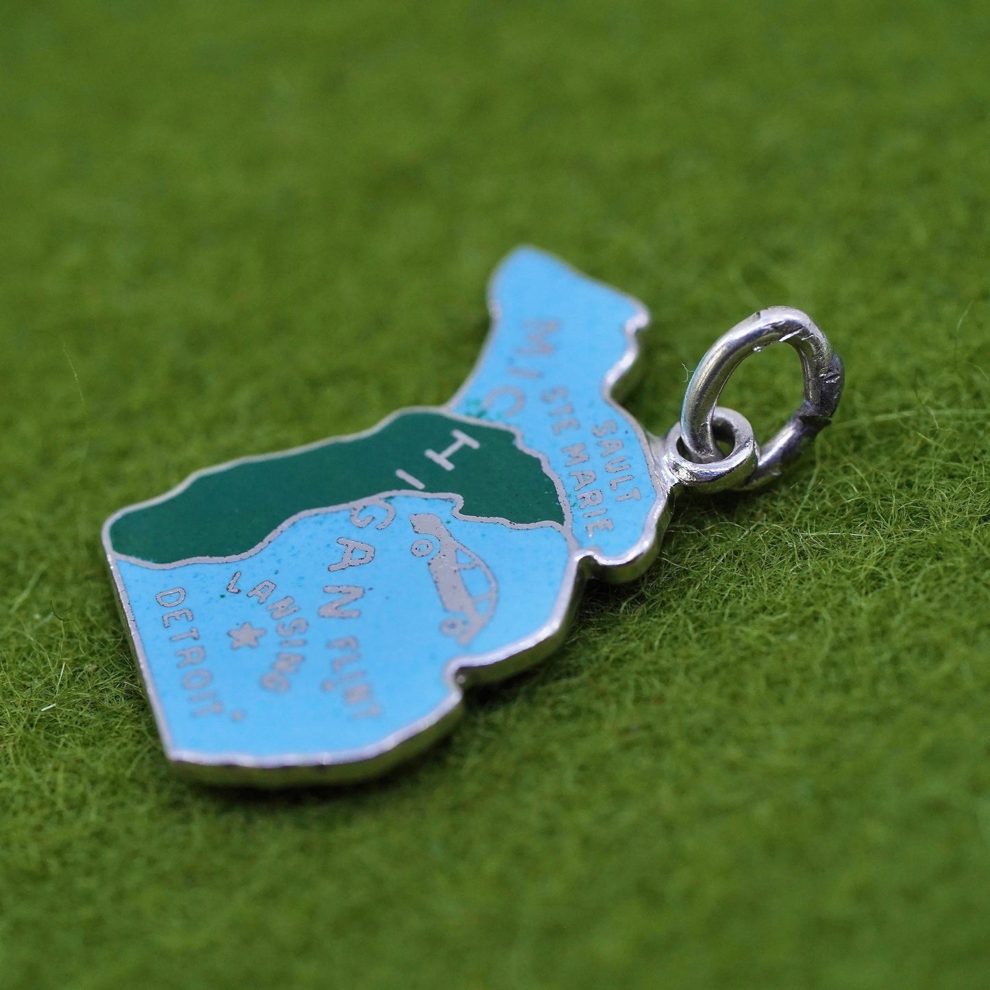 Vintage sterling handmade traveler pendant, 925 enamel Michigan state tag