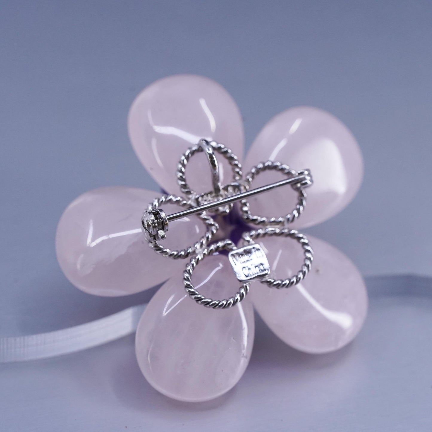 Vintage sterling silver brooch, 925 flower pin with amethyst pink rose quartz