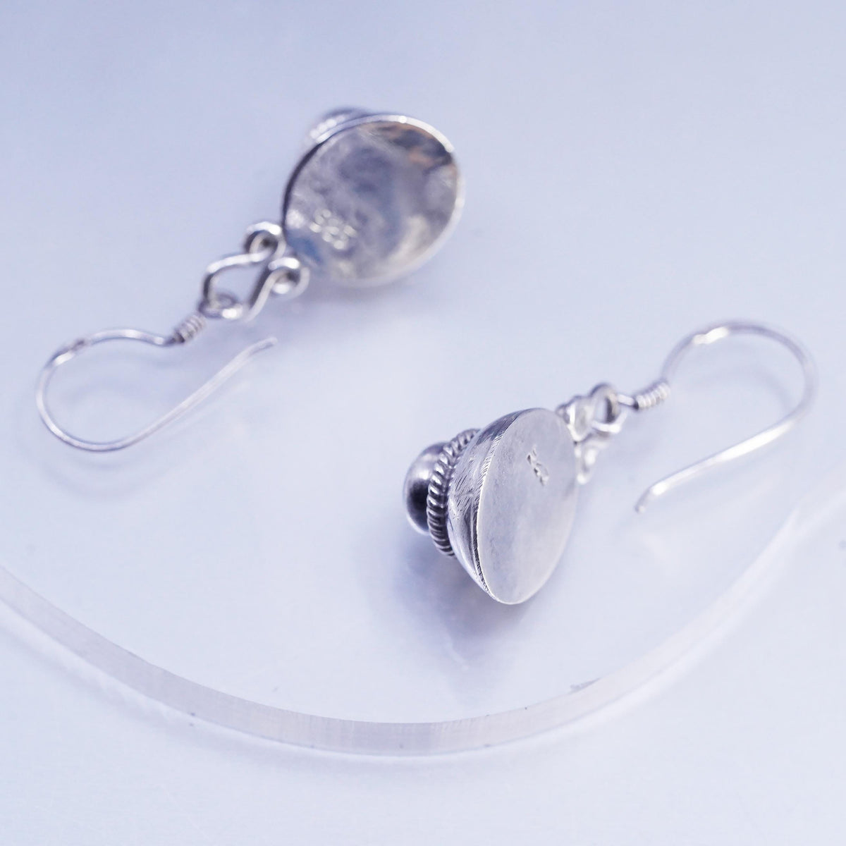 Sterling 925 Silver Blue Moonstone Cabochon Dangles, Artisan Rope Drop Earrings