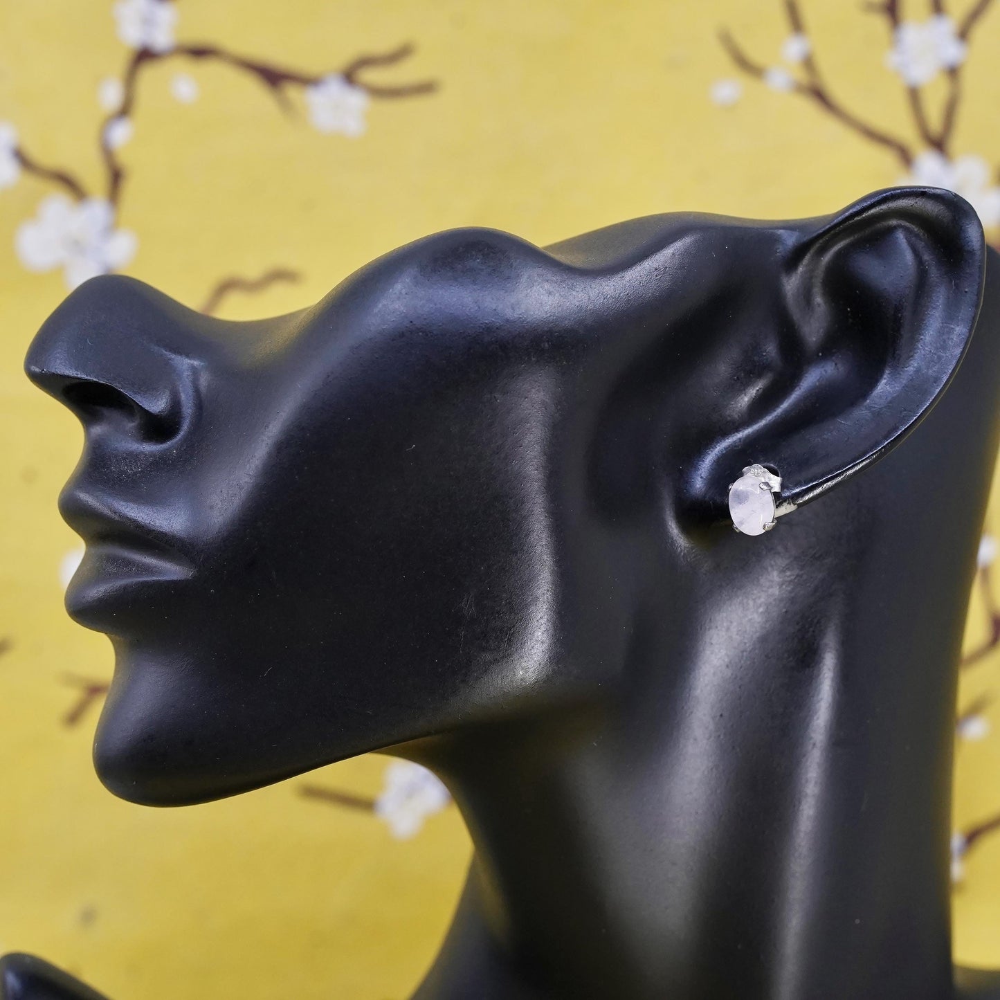 Vintage Sterling silver handmade earrings, 925 oval studs with pink quartz