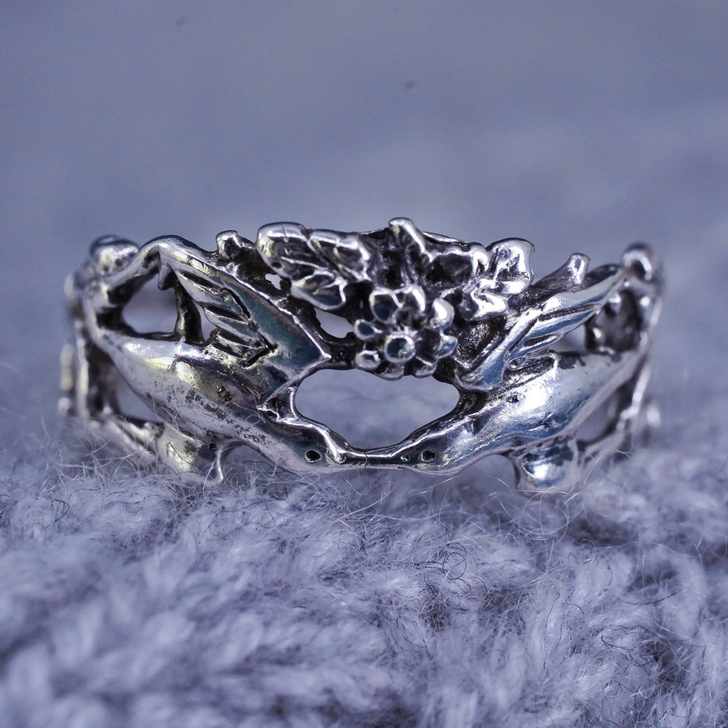 Size 7.5, Native American sterling silver handmade ring, 925 love bird band