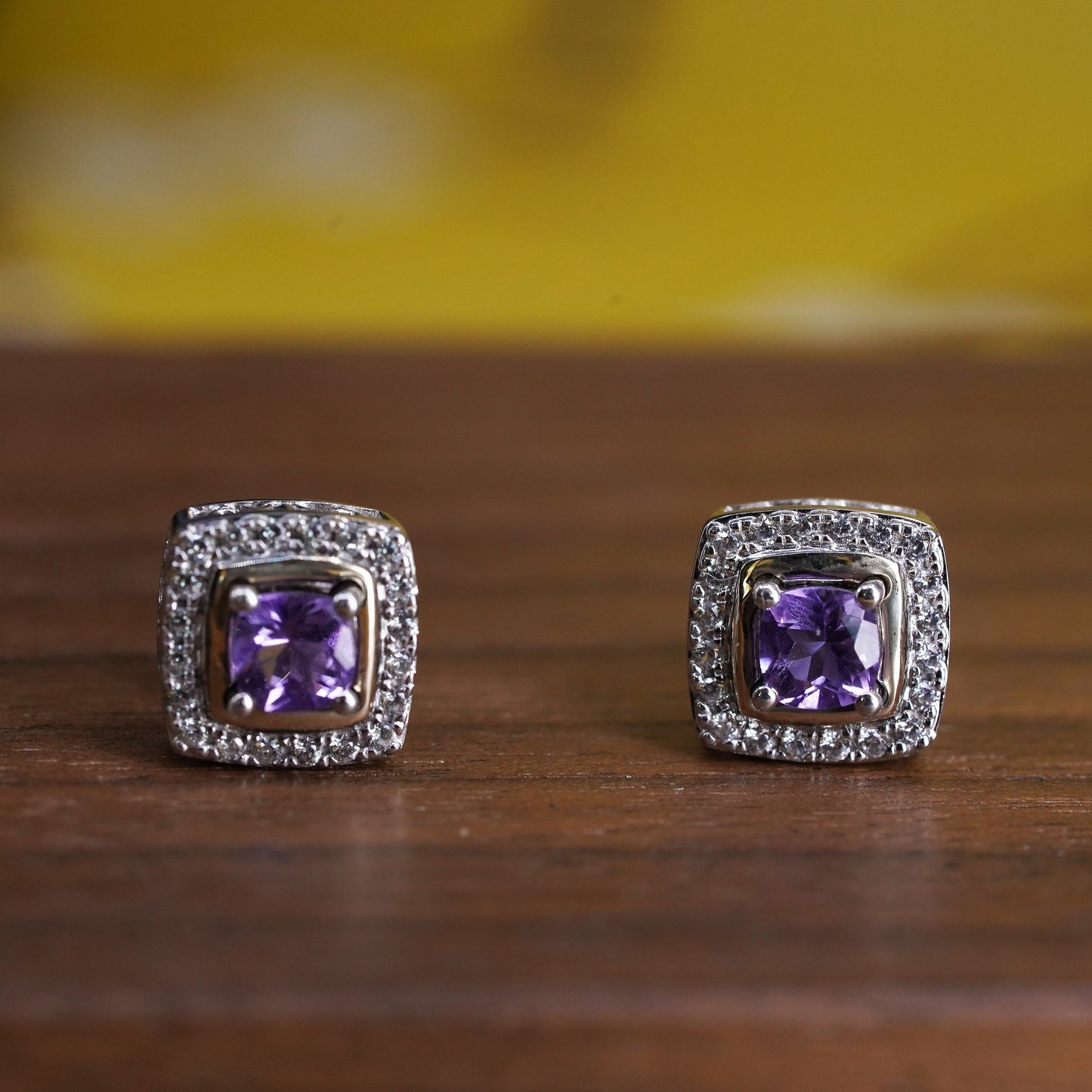 Sterling 925 silver square amethyst studs, earrings with 10K yellow gold trims