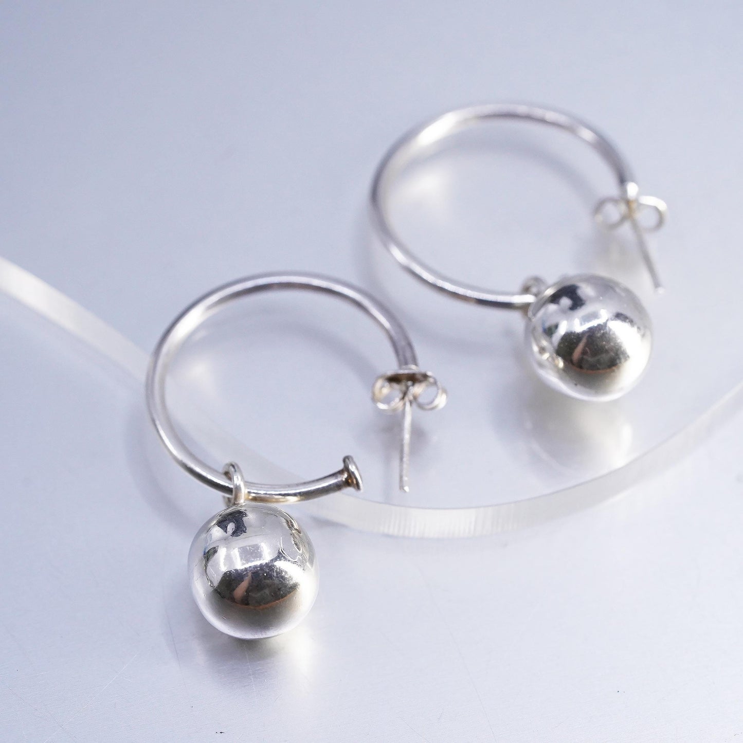 1", Vintage Sterling Silver Ball Earrings, 925 Silver bead Dangle Sphere Hoops