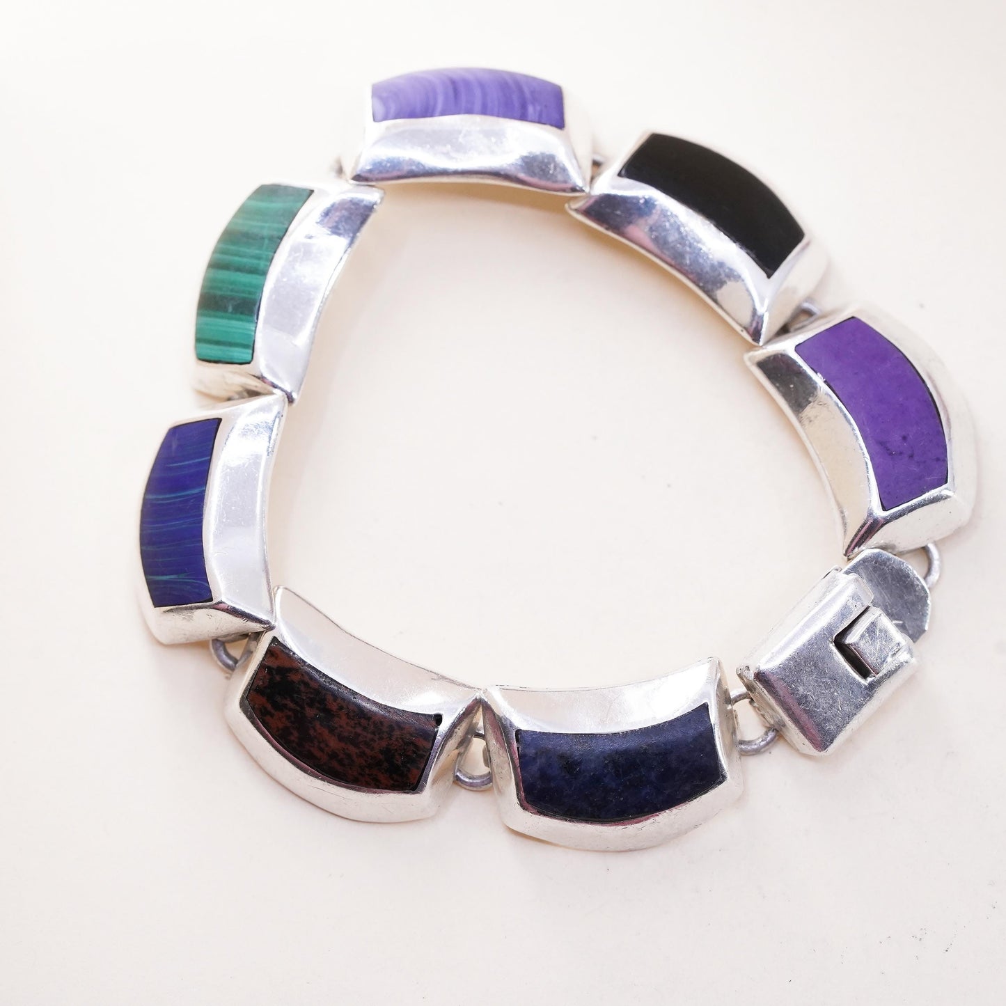 6.5", Vintage Mexican Sterling silver bracelet, 925 link with onyx malachite