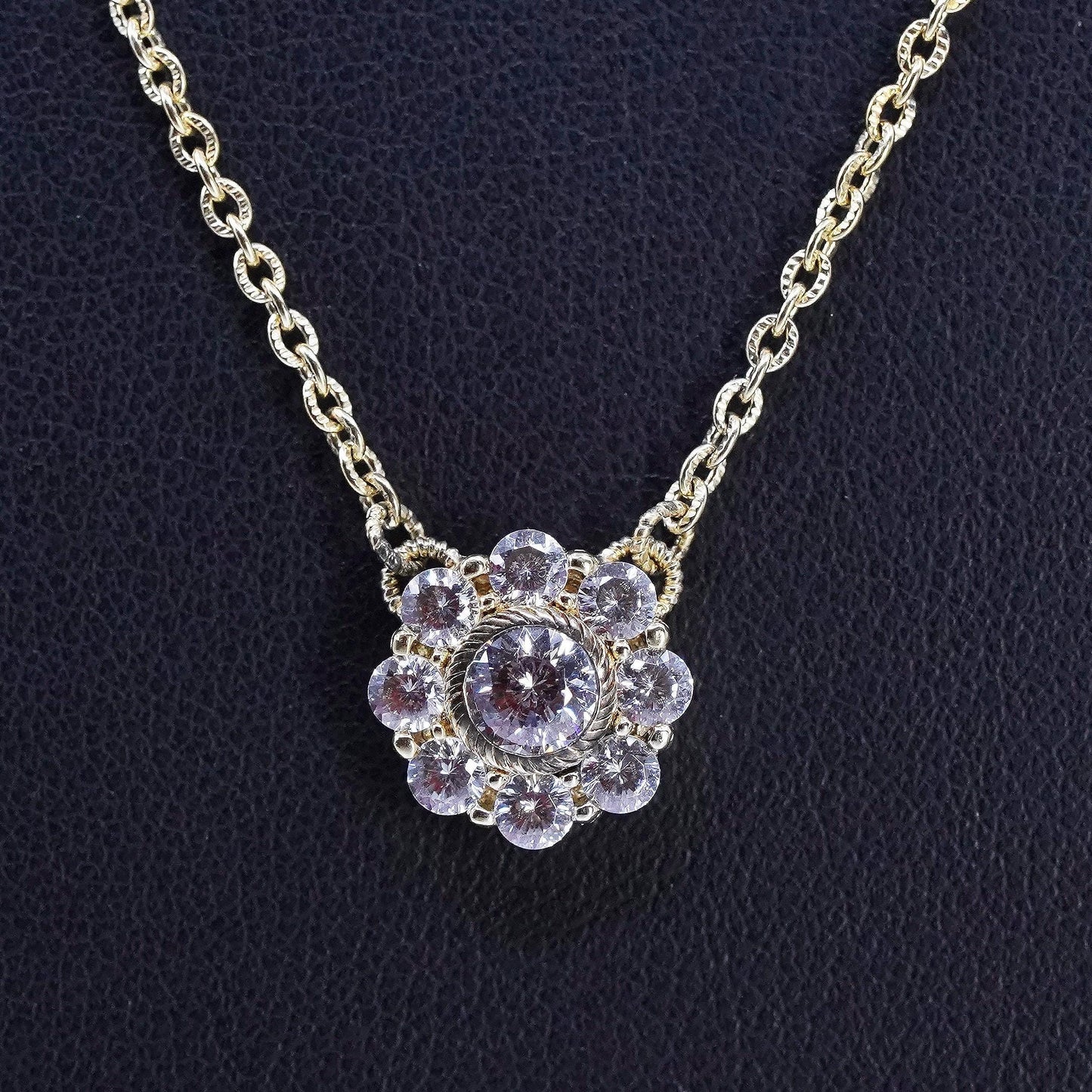 18+2", vintage Judith Ripka gold Sterling 925 silver necklace floral cz pendant