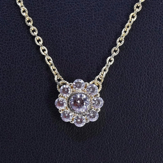 18+2", vintage Judith Ripka gold Sterling 925 silver necklace floral cz pendant