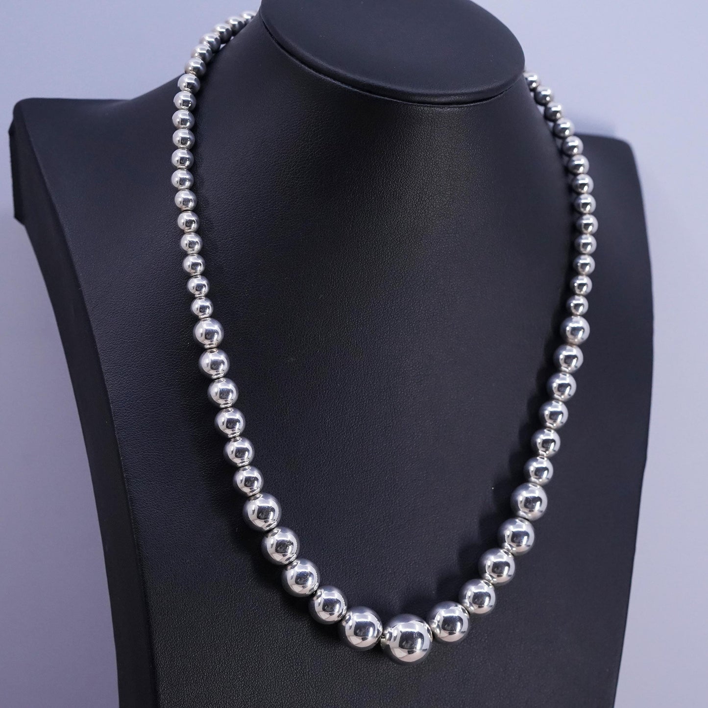 18”, vintage Sterling silver handmade necklace, 925 graduated beaded chain
