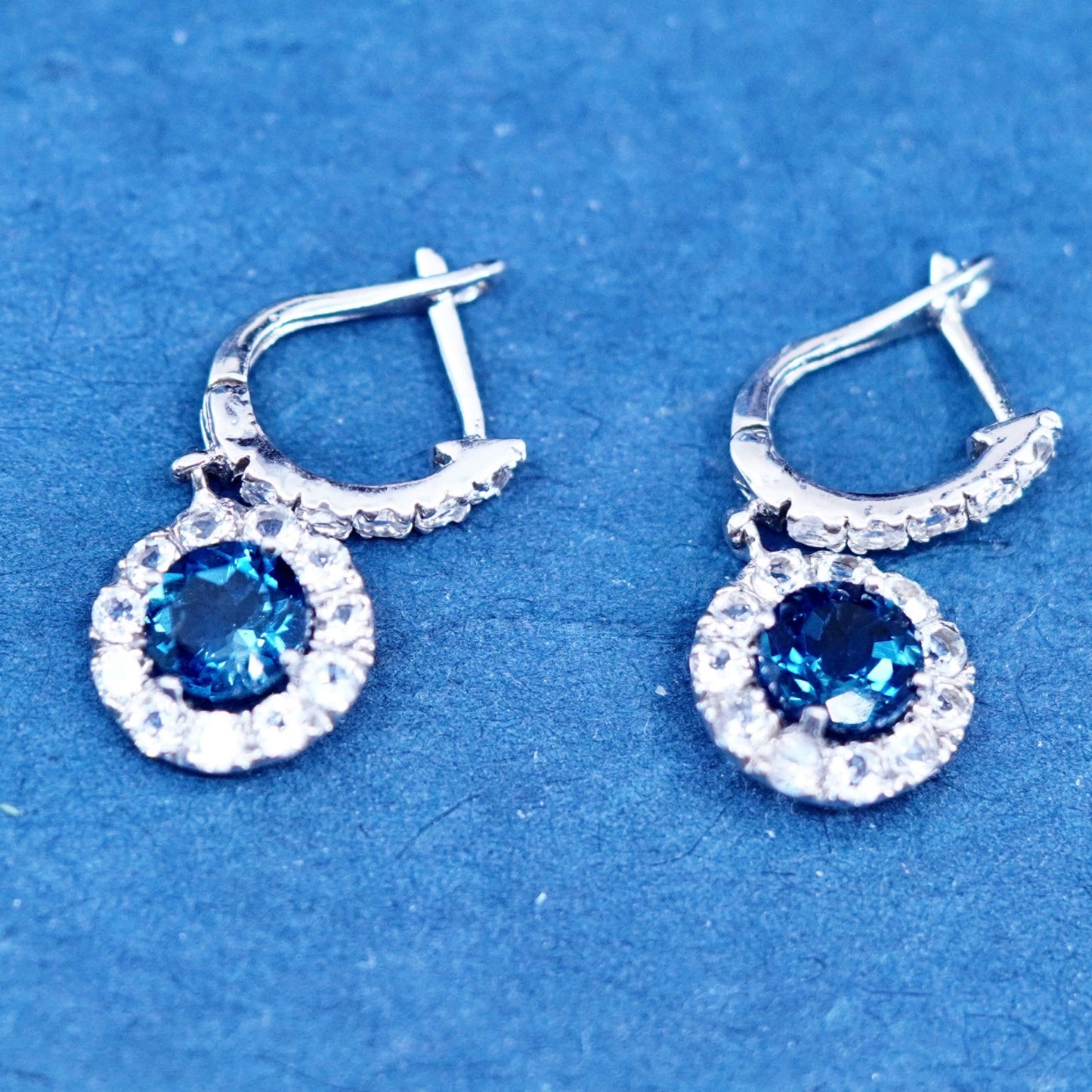 Vintage sterling 925 silver handmade round earrings with blue topaz and cz