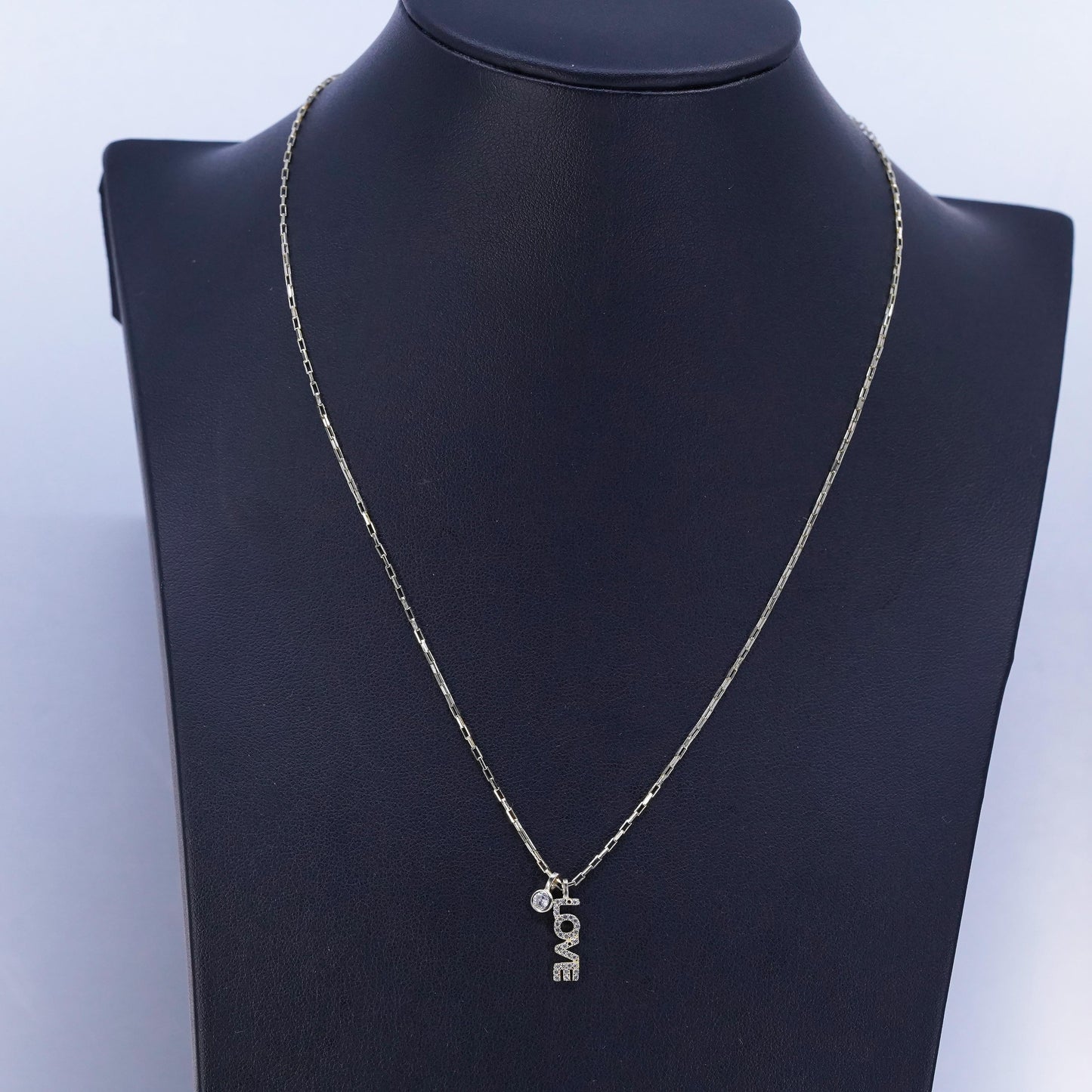 16+2”, Sterling 925 silver elongated chain necklace with gold Love pendant Cz
