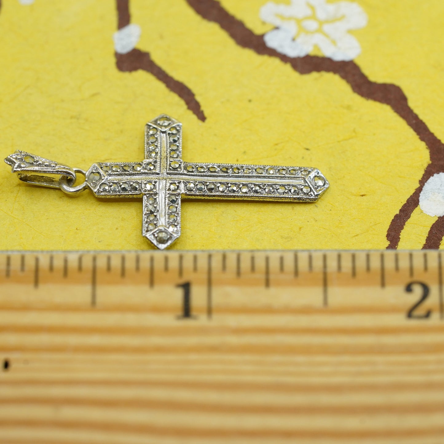 art deco KD Sterling silver handmade pendant, 925 cross with marcasite inlay