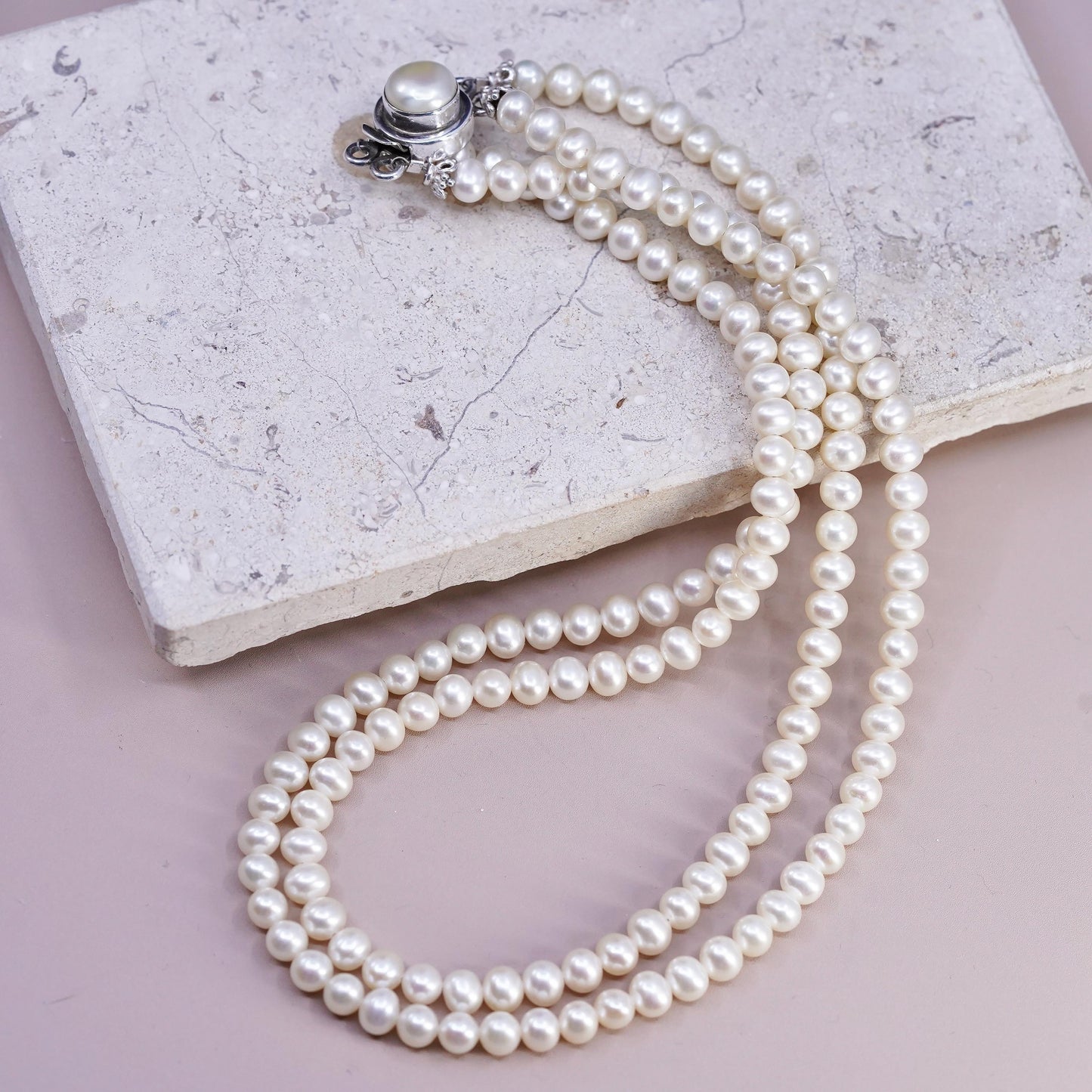 17", Sterling 925 silver double strands necklace 6mm white freshwater pearls