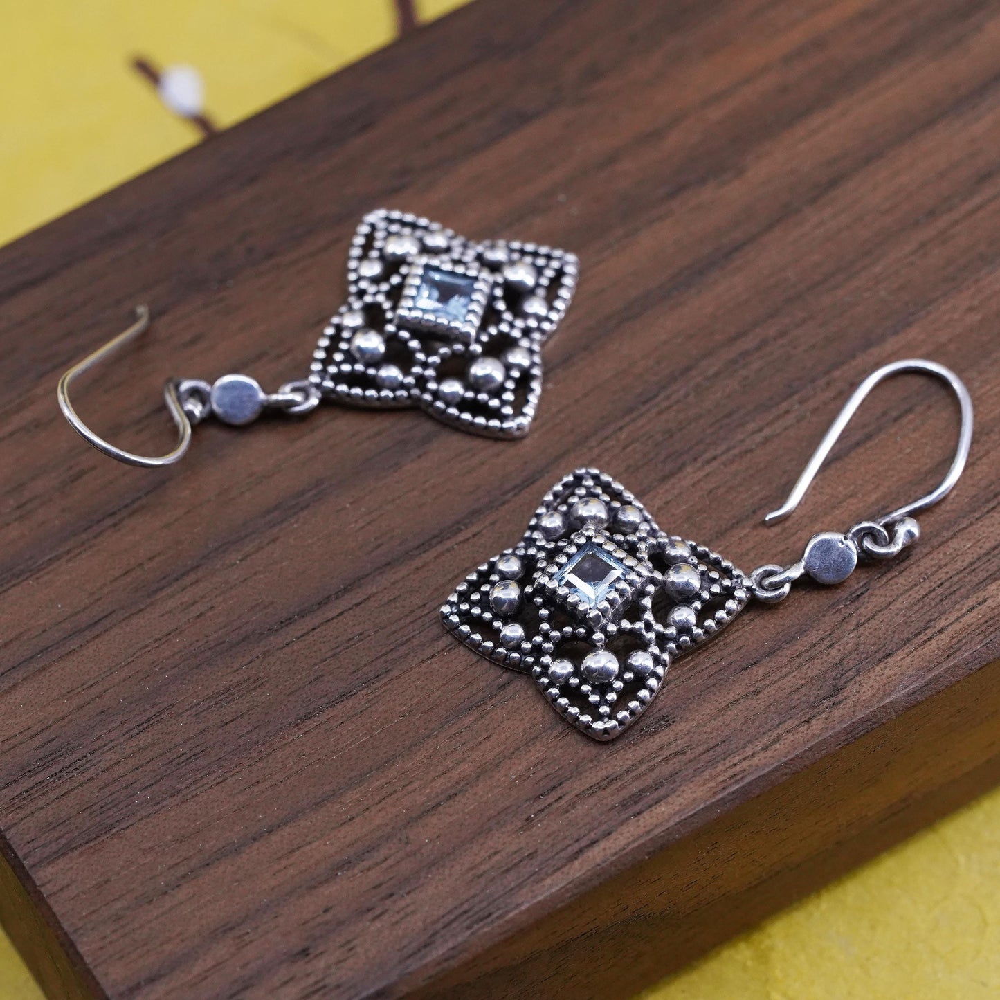 Vintage Sterling silver handmade earrings, 925 beaded dangles with blue topaz