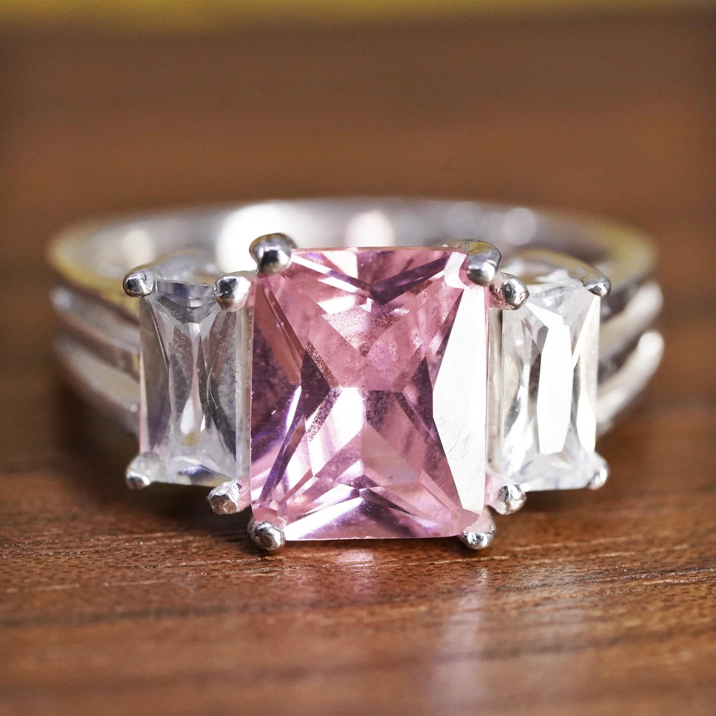 Size 7.5, vintage Sterling 925 silver ring with pink crystal and clear cz