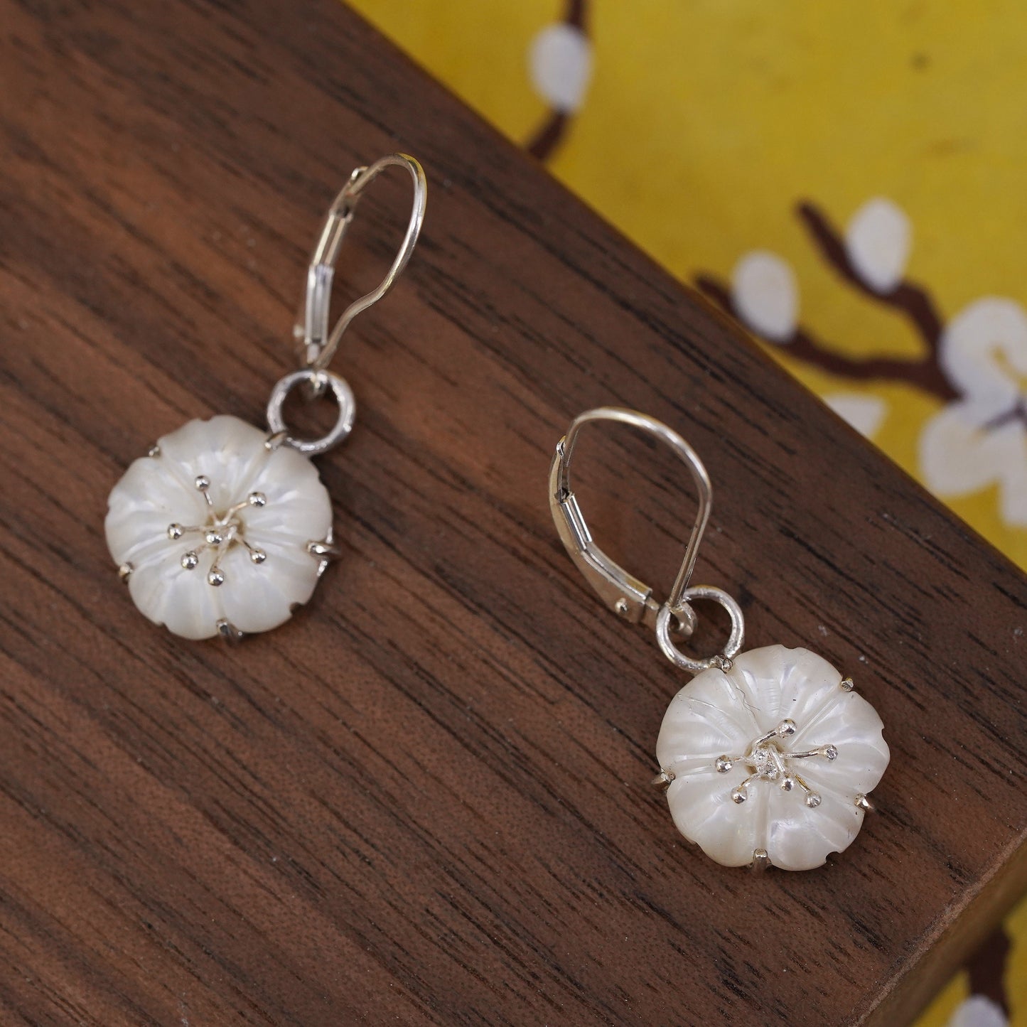 Vintage Sterling silver earrings, 925 plumeria flower dangles mother of pearl
