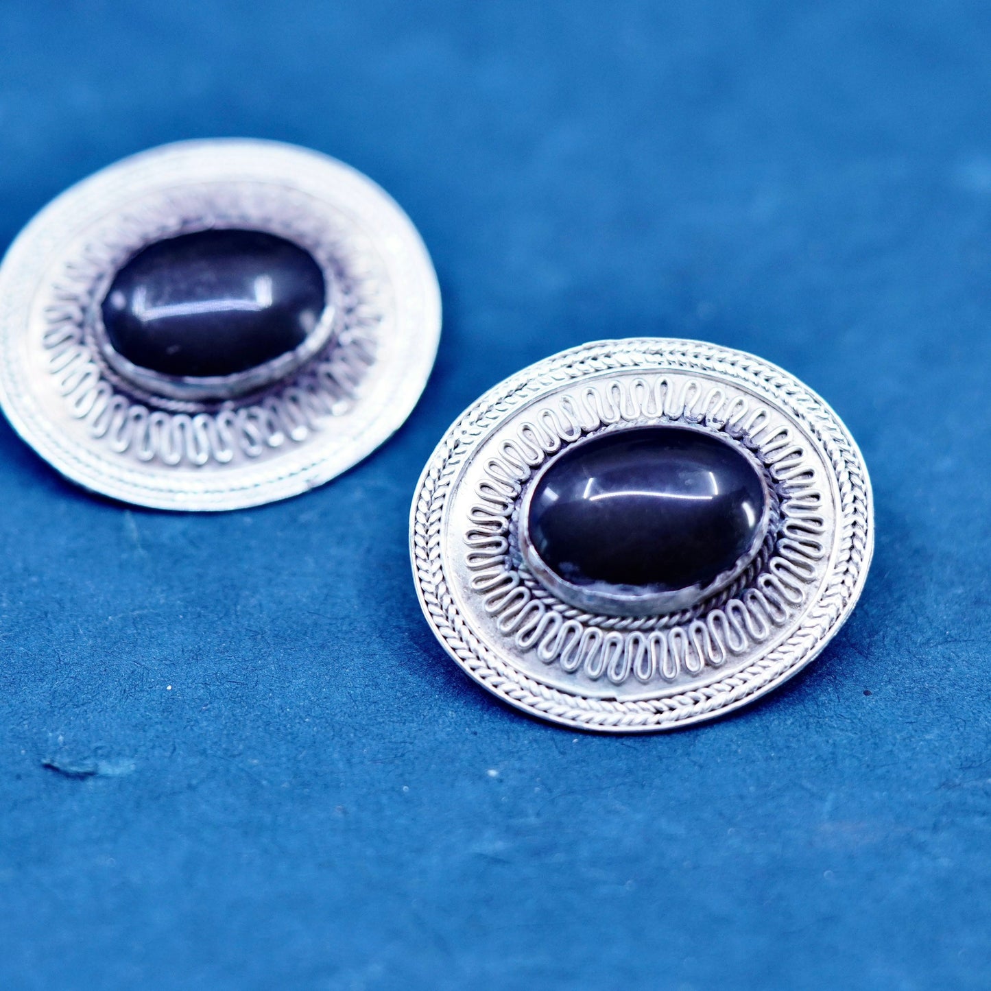 Vintage sterling 925 silver handmade earrings with oval obsidian