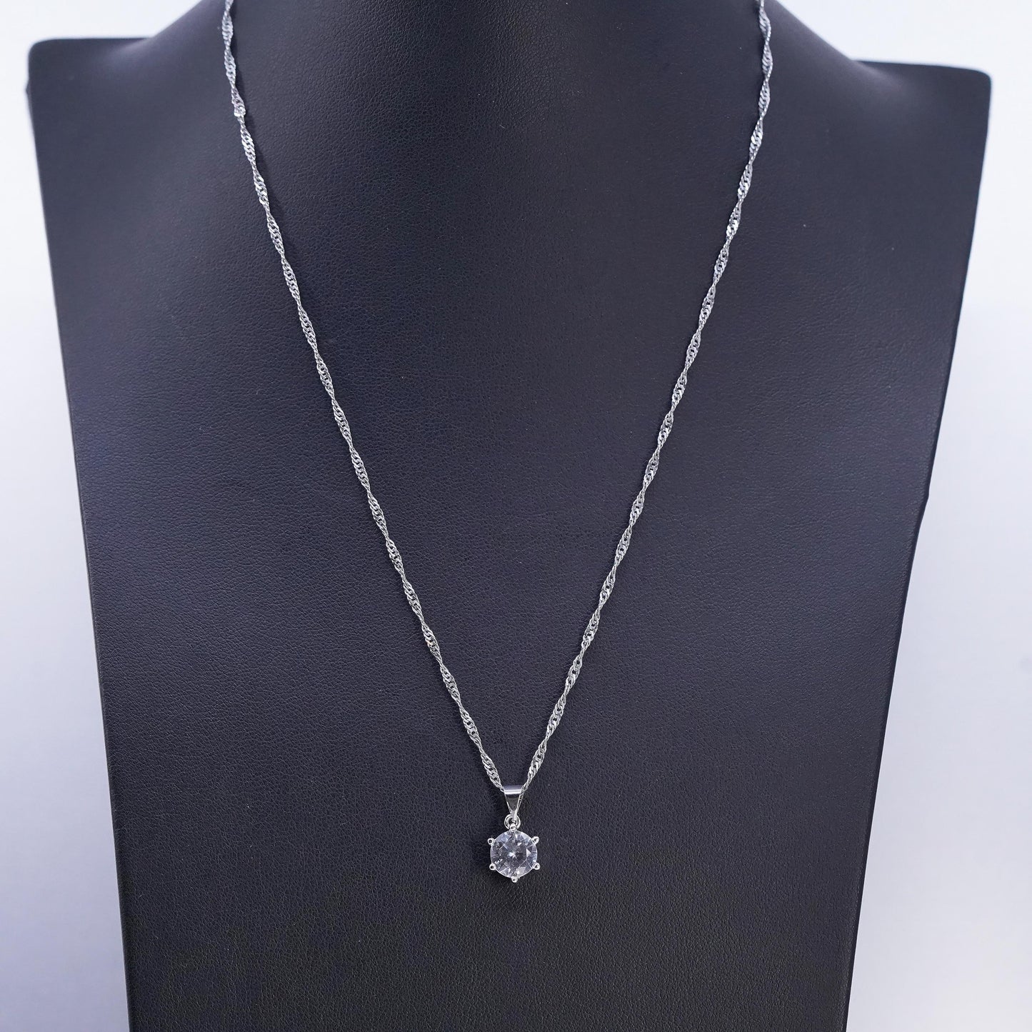 18" 2mm, vintage Sterling 925 silver twisted curb chain necklace w/ cz pendant