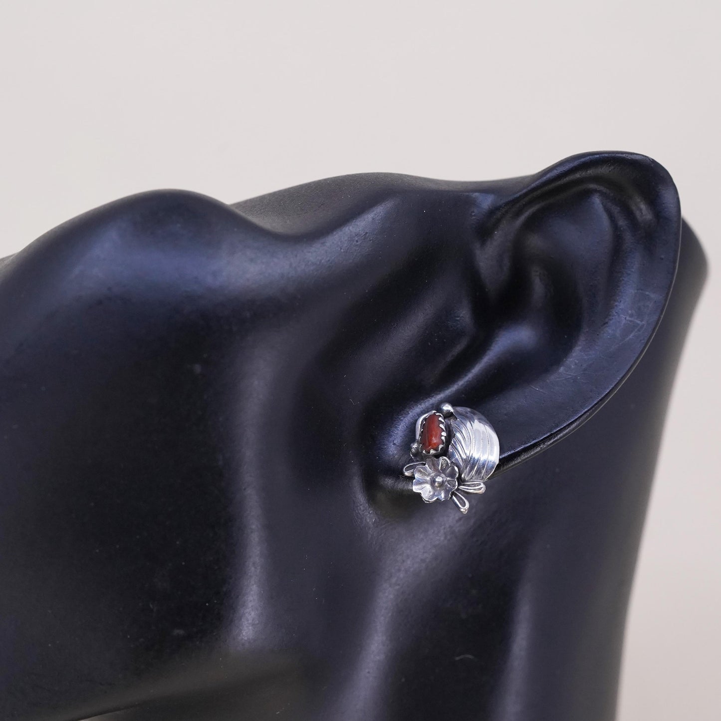 Native American Navajo handmade single earring. Sterling 925 silver stud coral