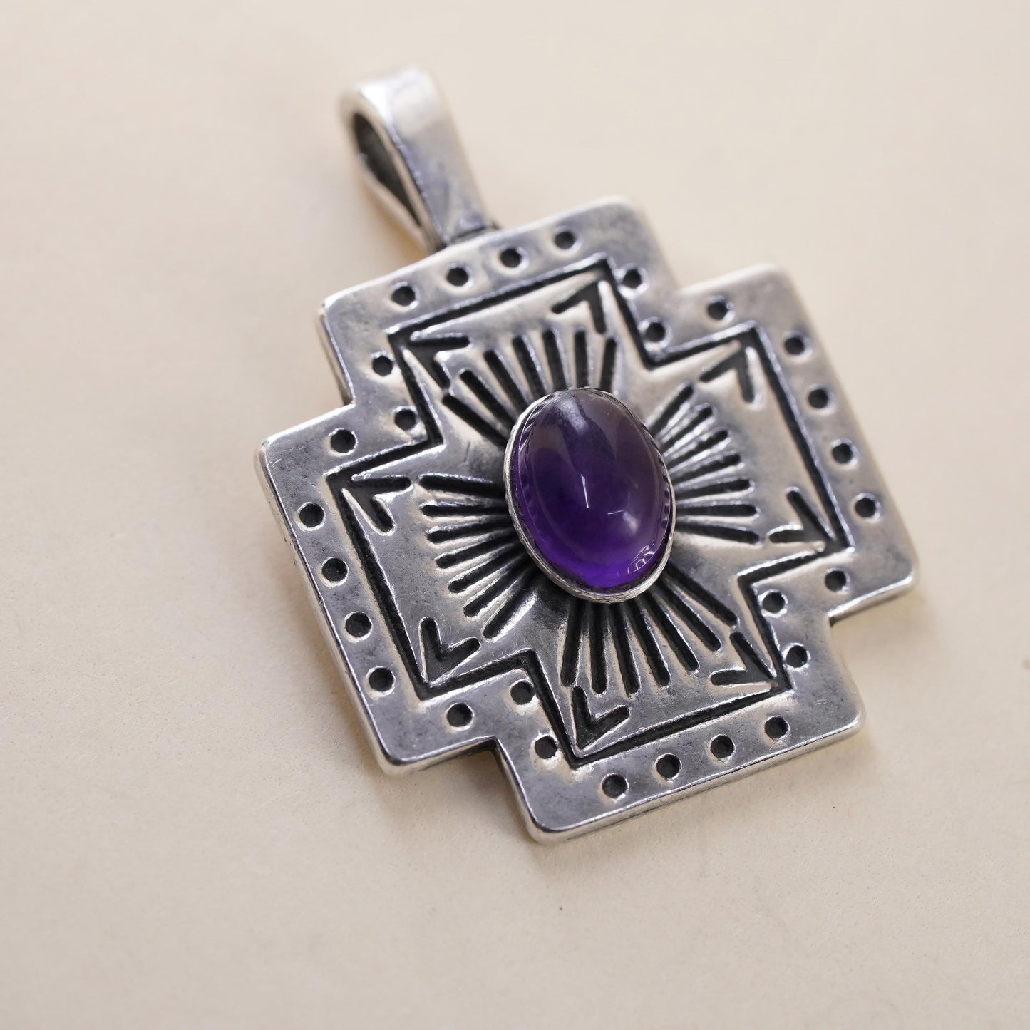Vintage southwestern Sterling 925 silver textured cross pendant with amethyst