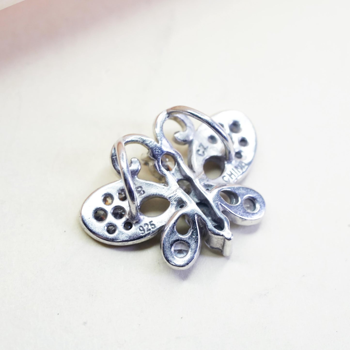 Vintage sterling silver pendant, 925 butterfly with cz