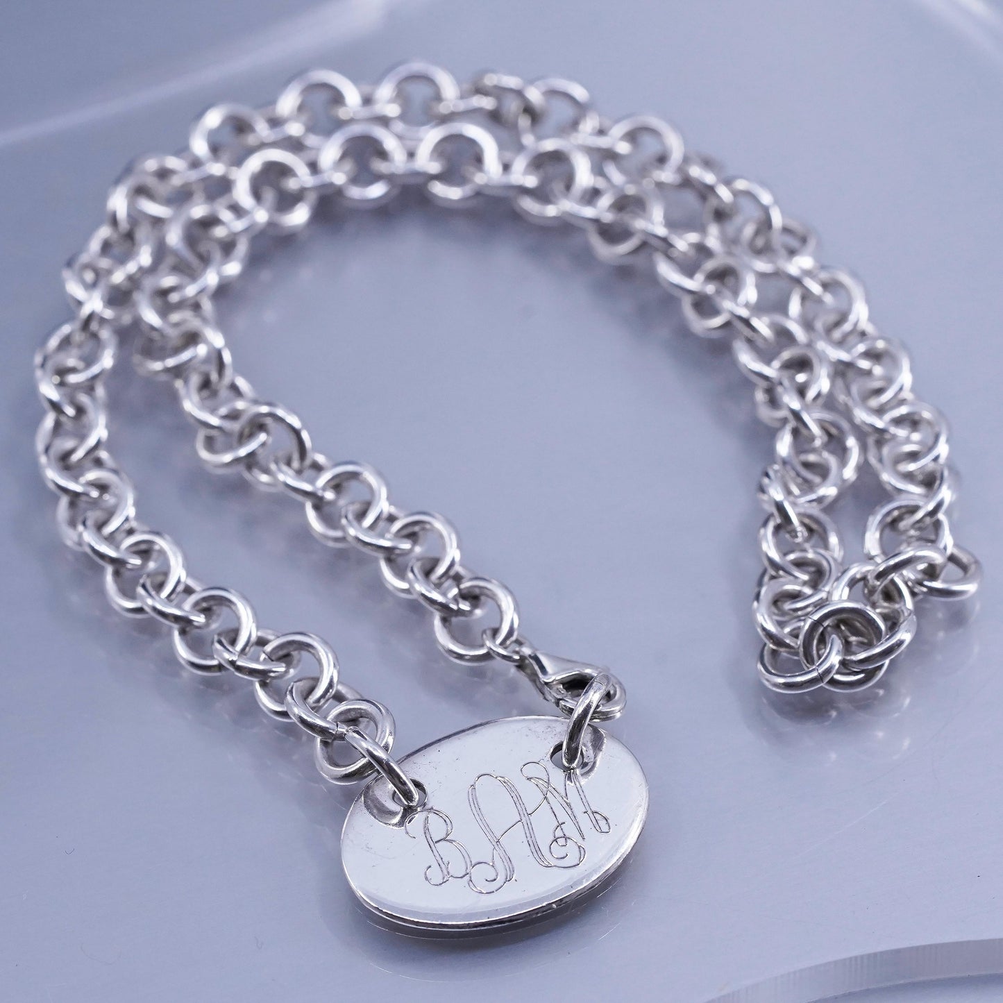 16”, vintage Sterling 925 silver handmade circle necklace with monogram BMA tag