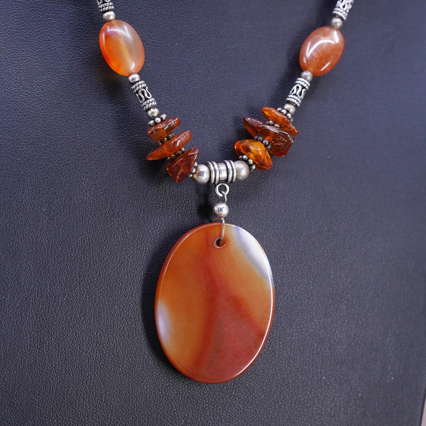18", vintage Sterling silver necklace, 925 Amber chain teardrop agate pendant