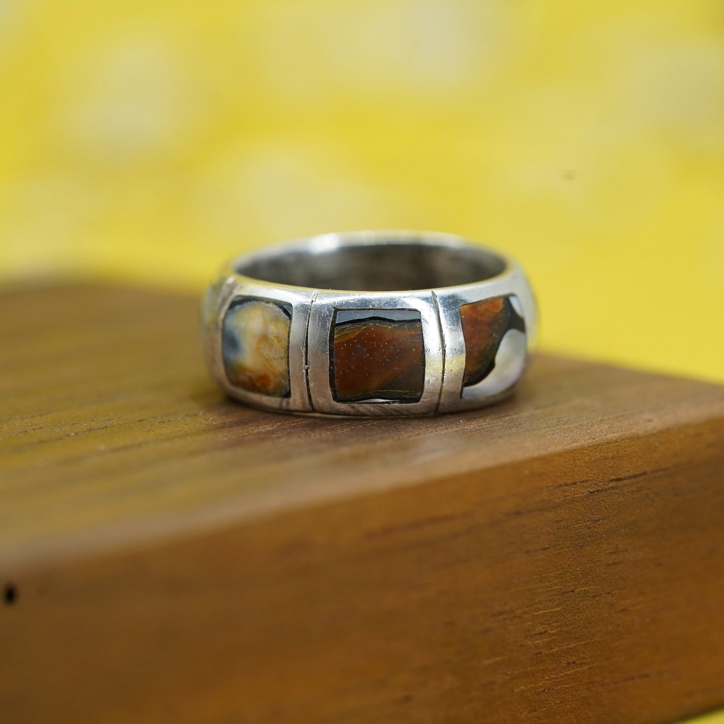 Size 7, vintage sterling silver handmade ring, 925 wide band with abalone