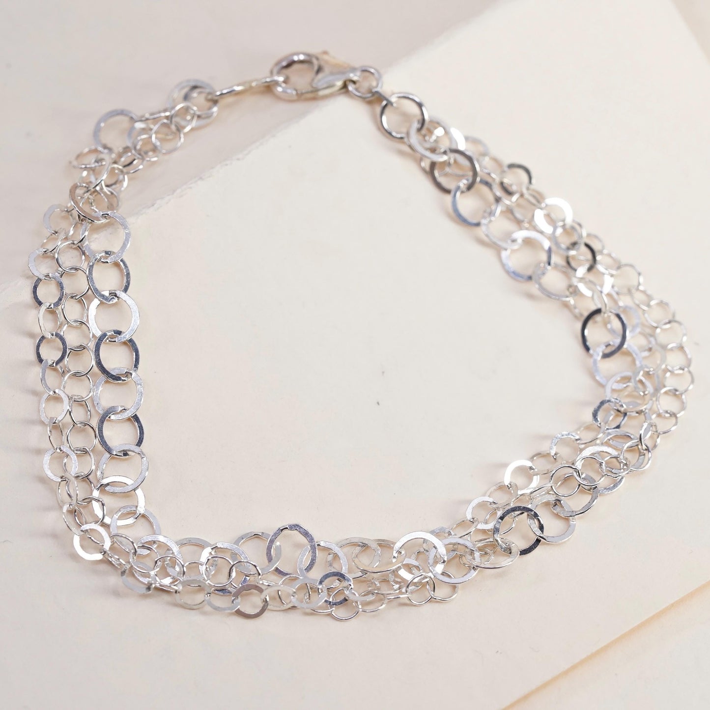 7.75”, Vintage sterling silver multi strands bracelet, 925 flatten circle chain