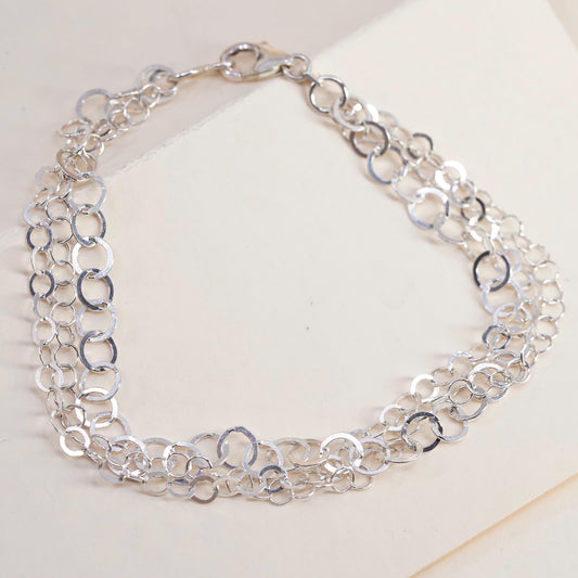 7.75”, Vintage sterling silver multi strands bracelet, 925 flatten circle chain