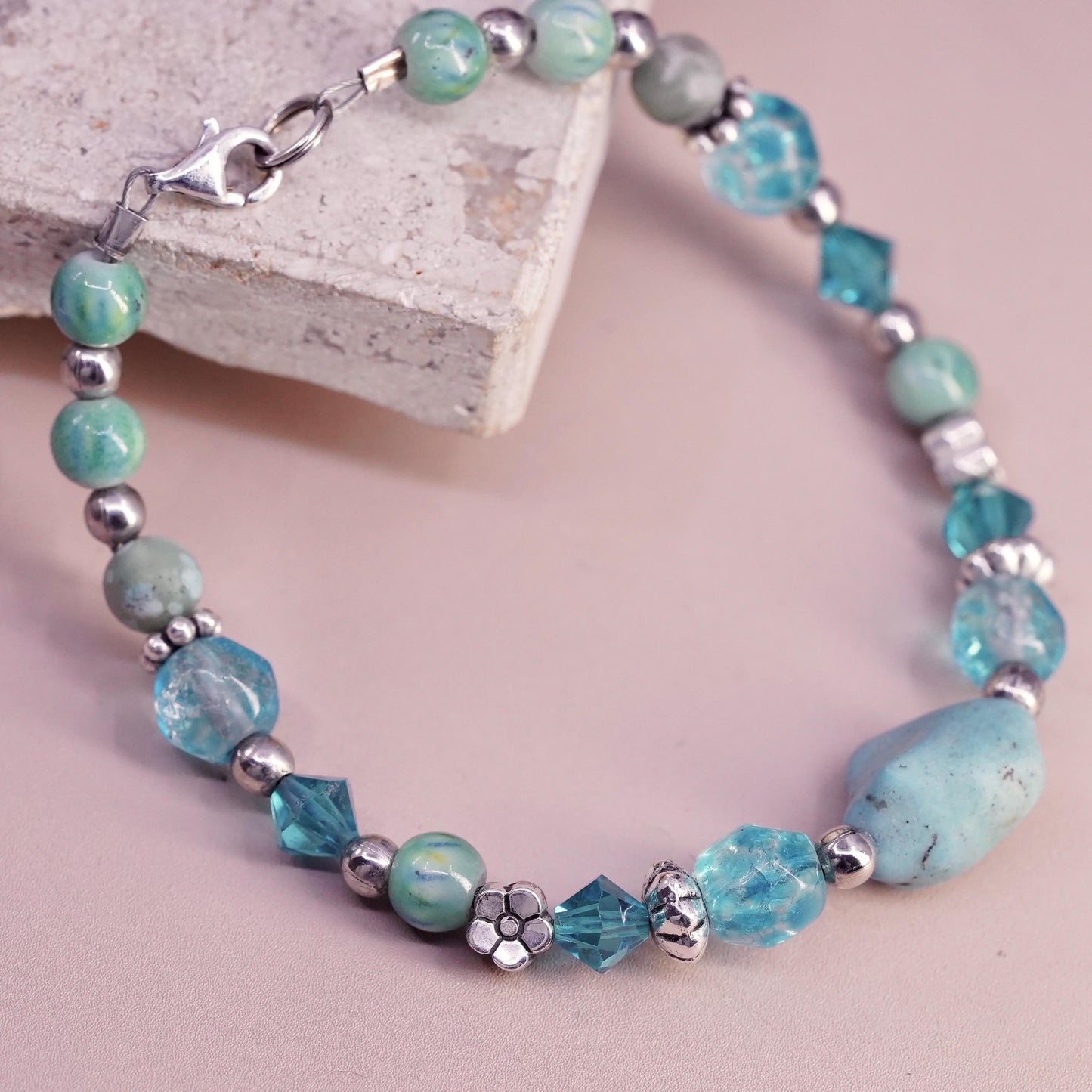 7", Vintage Sterling 925 silver handmade bracelet turquoise nugget crystal
