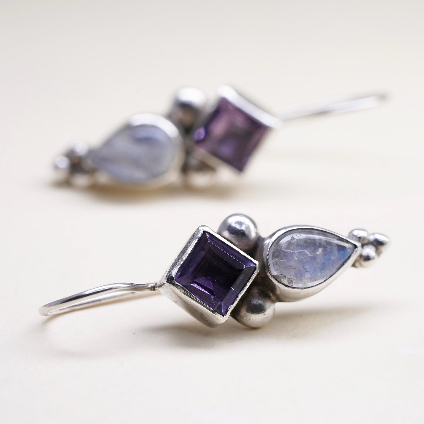 Vintage Sterling 925 silver handmade earrings with amethyst and moonstone