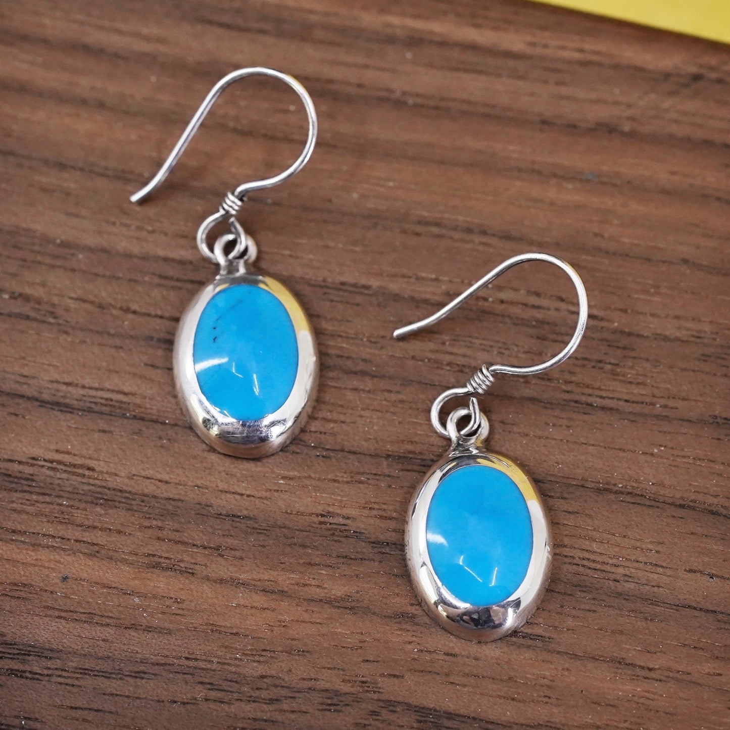Vintage Sterling 925 silver handmade earrings with oval blue onyx inlay