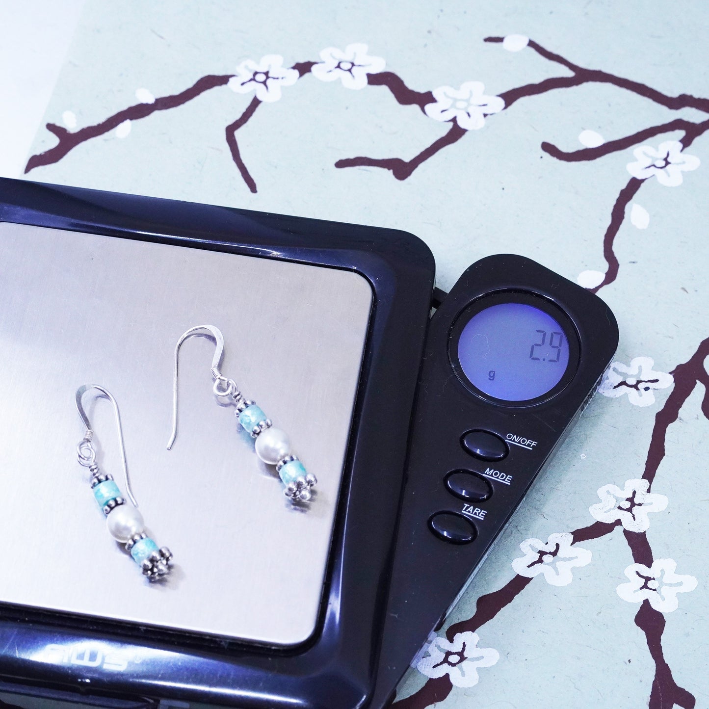 Vintage Sterling silver handmade earrings, 925 hooks with pearl and glass