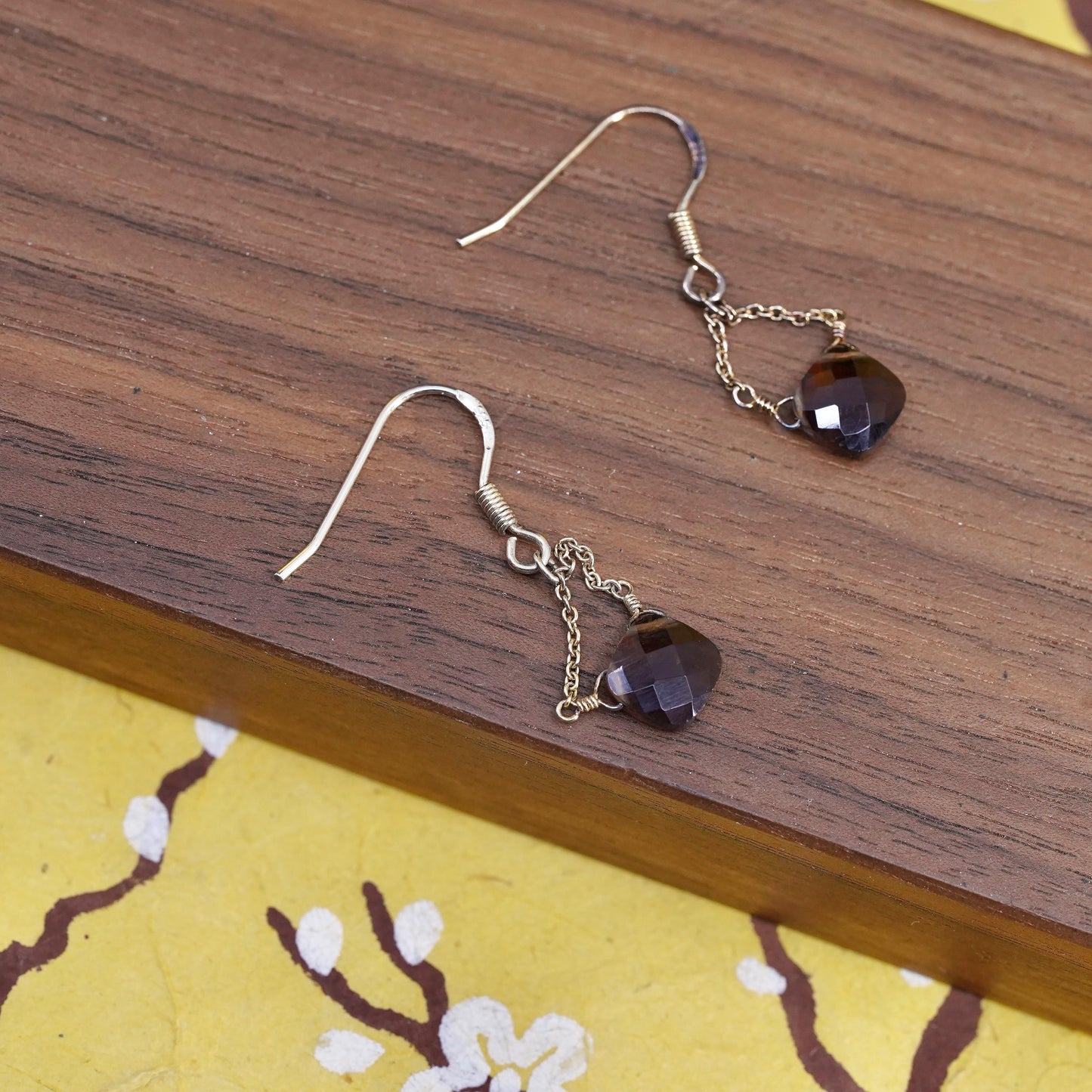 Vintage gold plated Sterling 925 silver handmade earrings w/ smoky quartz beads