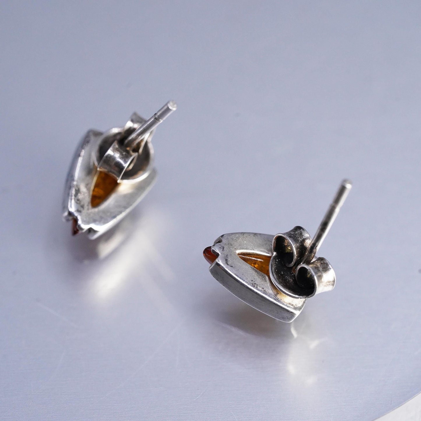 Vintage Sterling 925 silver handmade earrings, amber studs