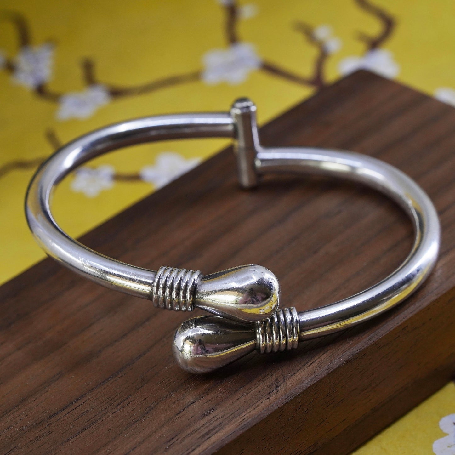 Vintage Sterling silver handmade bracelet, 925 bangle with teardrop ends
