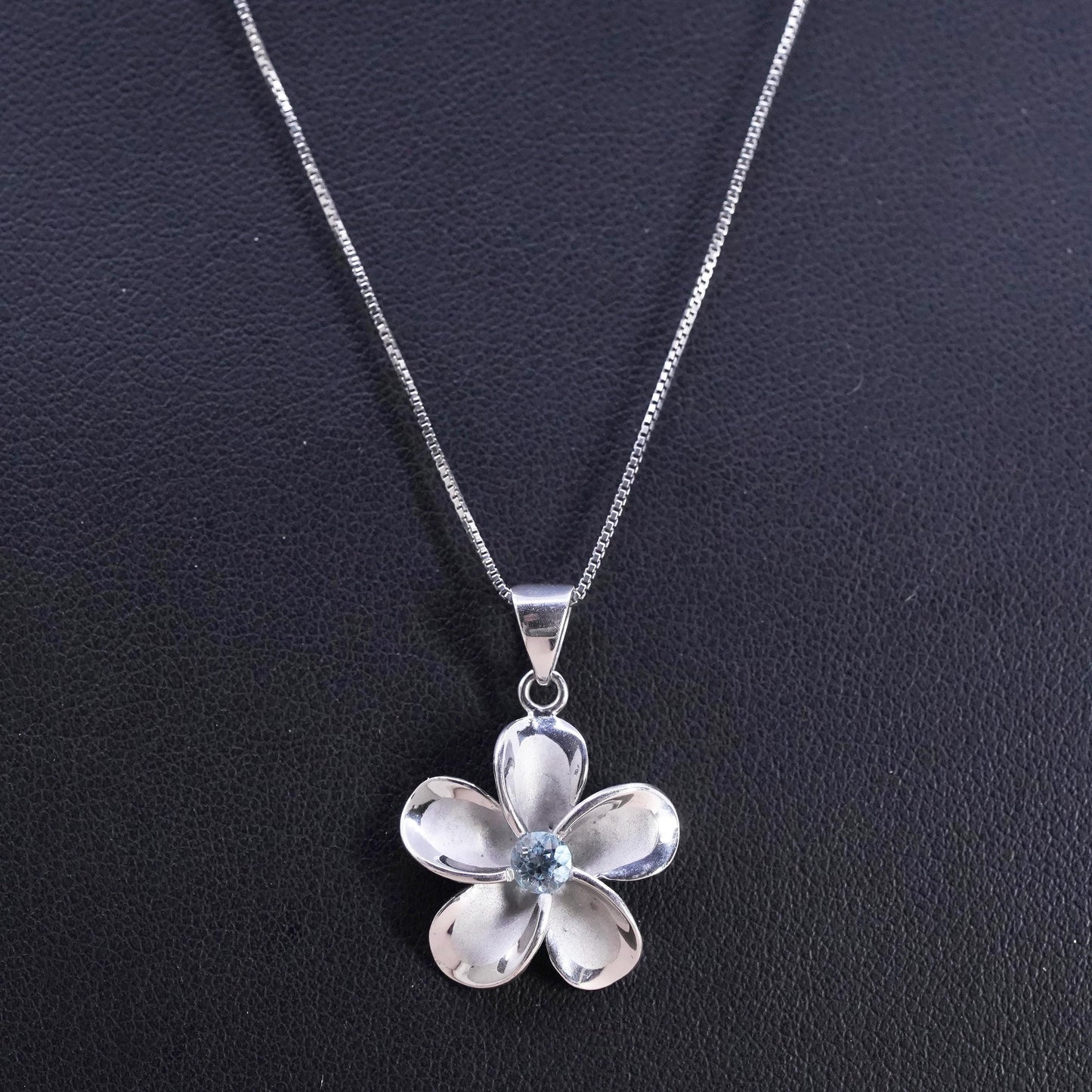 18”, Vintage Sterling silver handmade pendant, 925 box chain plumeria flower cz